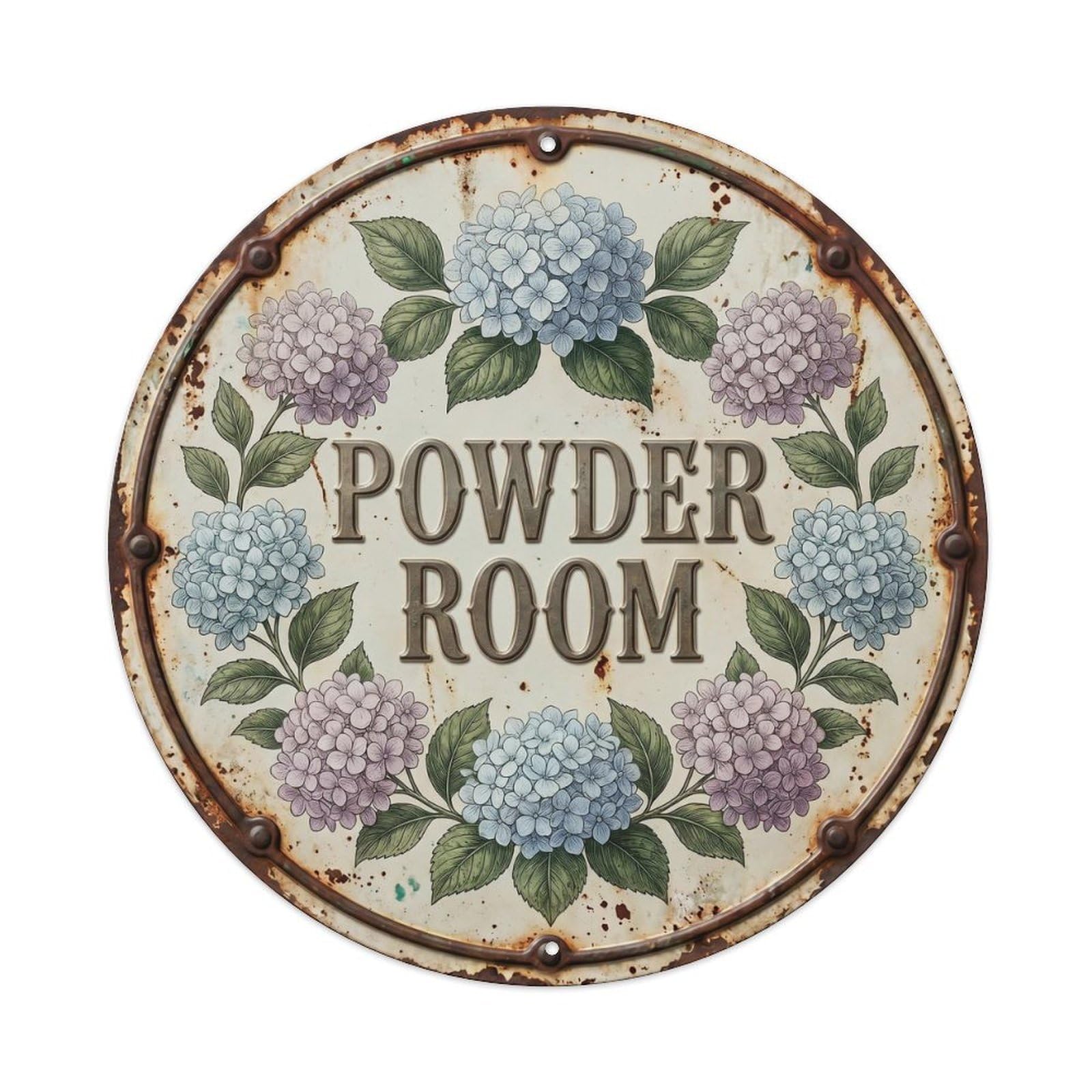 Powder Room Botanical Floral Vintage Label Hydrangea Metal Tin Sign