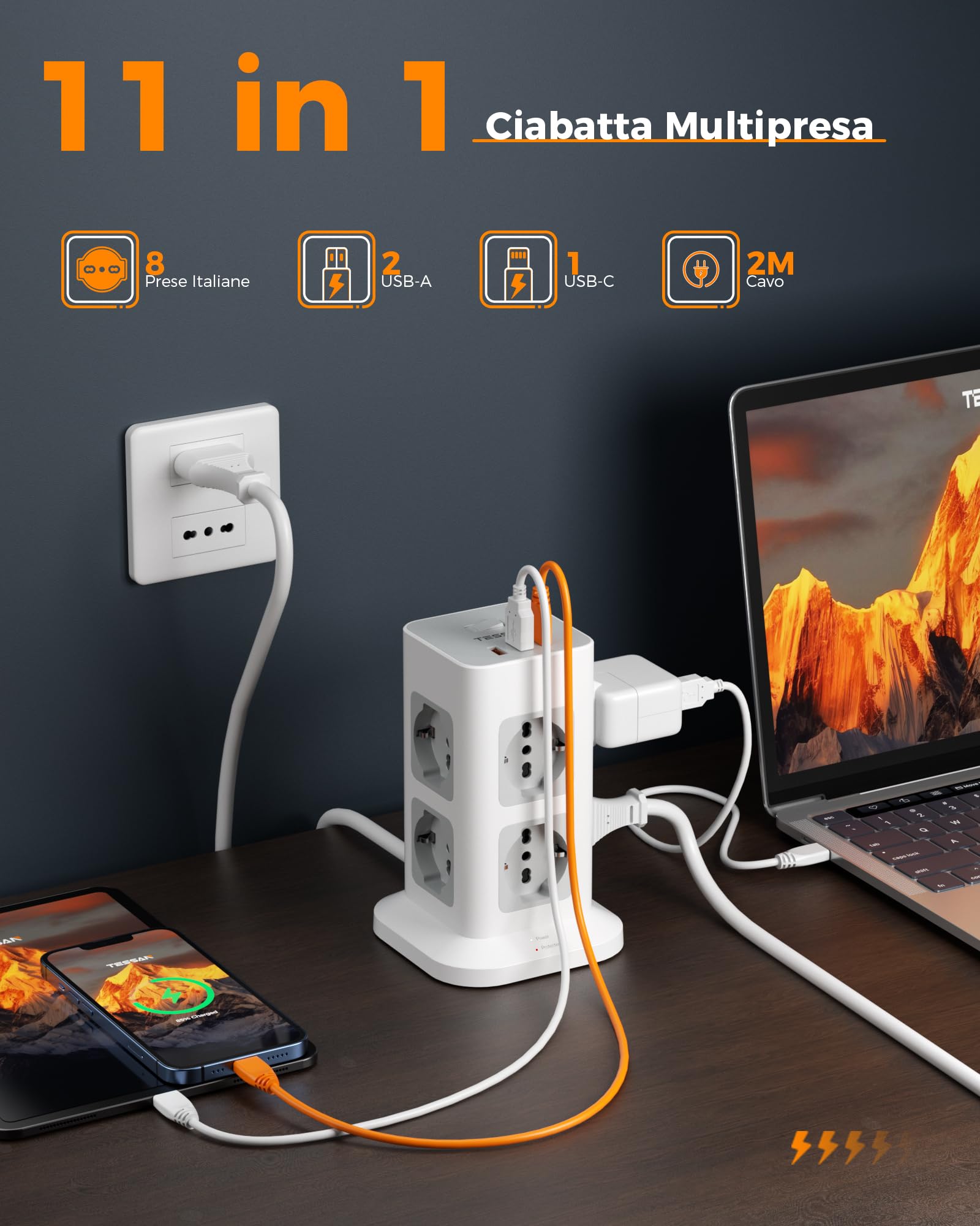 TESSAN Ciabatta Multipresa con USB 20W, Ciabatta Elettrica con 8 Prese IT 16A, Torretta Multipresa Protezione Sovratensione con Interruttore e Prolunga Elettrica 2 Metri, 3680W Presa, Girgio