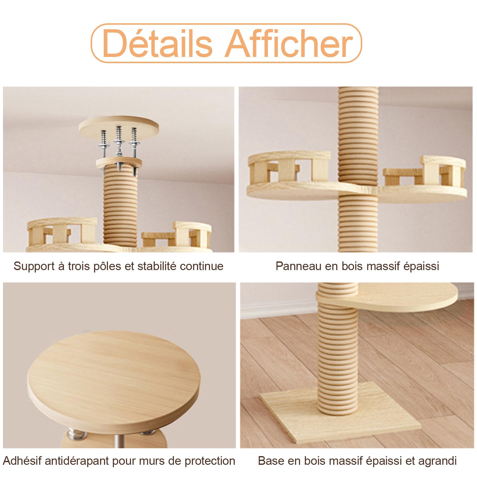 Arbre à Chat Plafond Réglable 300 cm – Grand Arbre à Chat avec Hamac, Niche et Plateformes pour Chats d’Intérieur et Maine Coon