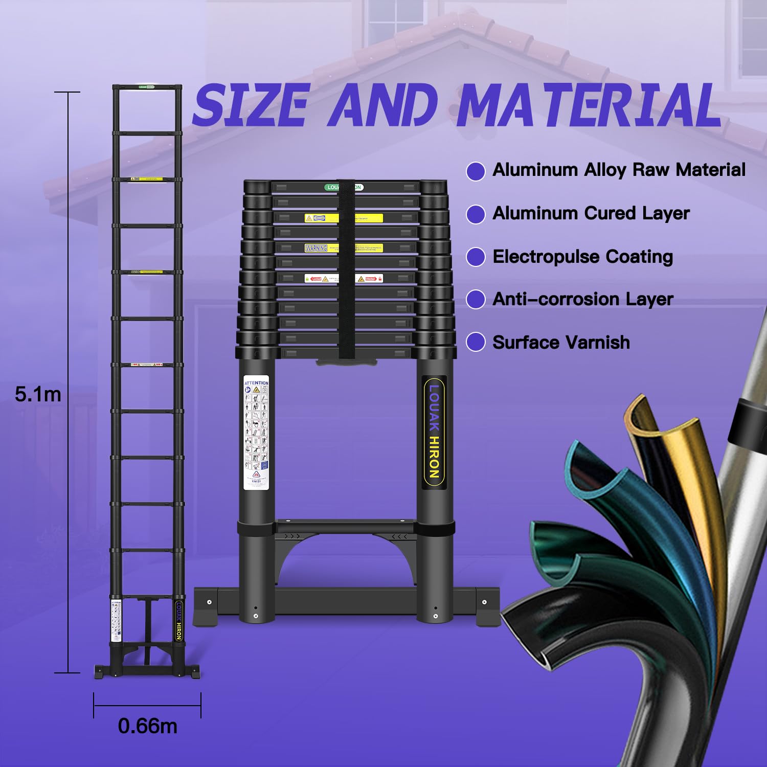 Escalera telescópica de aluminio de 5,05 m con gancho, escalera plegable con estabilizador, antideslizante de aluminio de alta calidad, escalera versátil