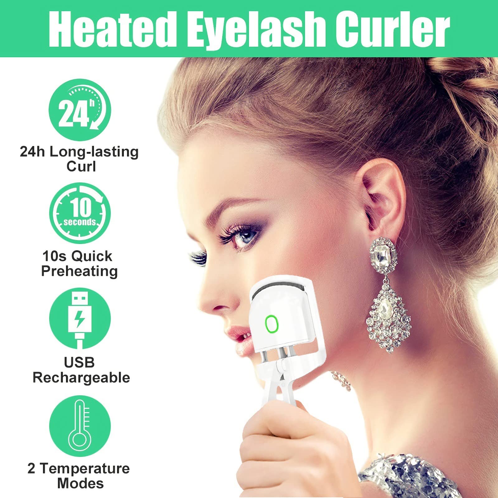 DOPI Rizador de pestañas eléctrico, 2 modos de calentamiento, rizador de pestañas calentado con precalentamiento rápido para todas las formas de ojos, regalo ideal para mujeres y novias (verde)