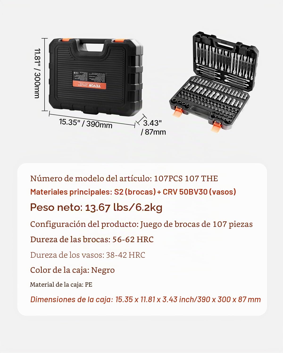 VEVOR 107 PCS Juego de Vasos con Punta, SAE y Métricos, Hexagonales/Torx/Torx Externo/a Prueba de Manipulaciones/Extralargos, Acero de Aleación S2 y Acero Cr-V, con Impulsores de 1/4", 3/8" y 1/2"