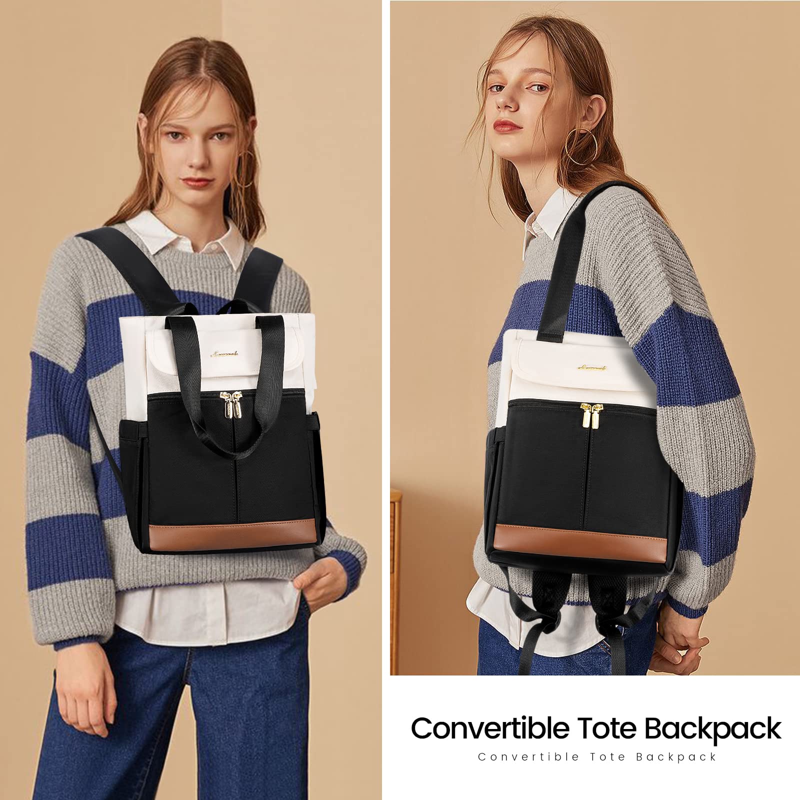 LOVEVOOK Backpack Purse for Women, Convertible Mini Backpacks Tote for Teen Girls, Small College Bookbag for Work, School, Travel, 2pcs set, Black-Cream | Convertible, Tote, College Bookbag, for Work, School, Travel