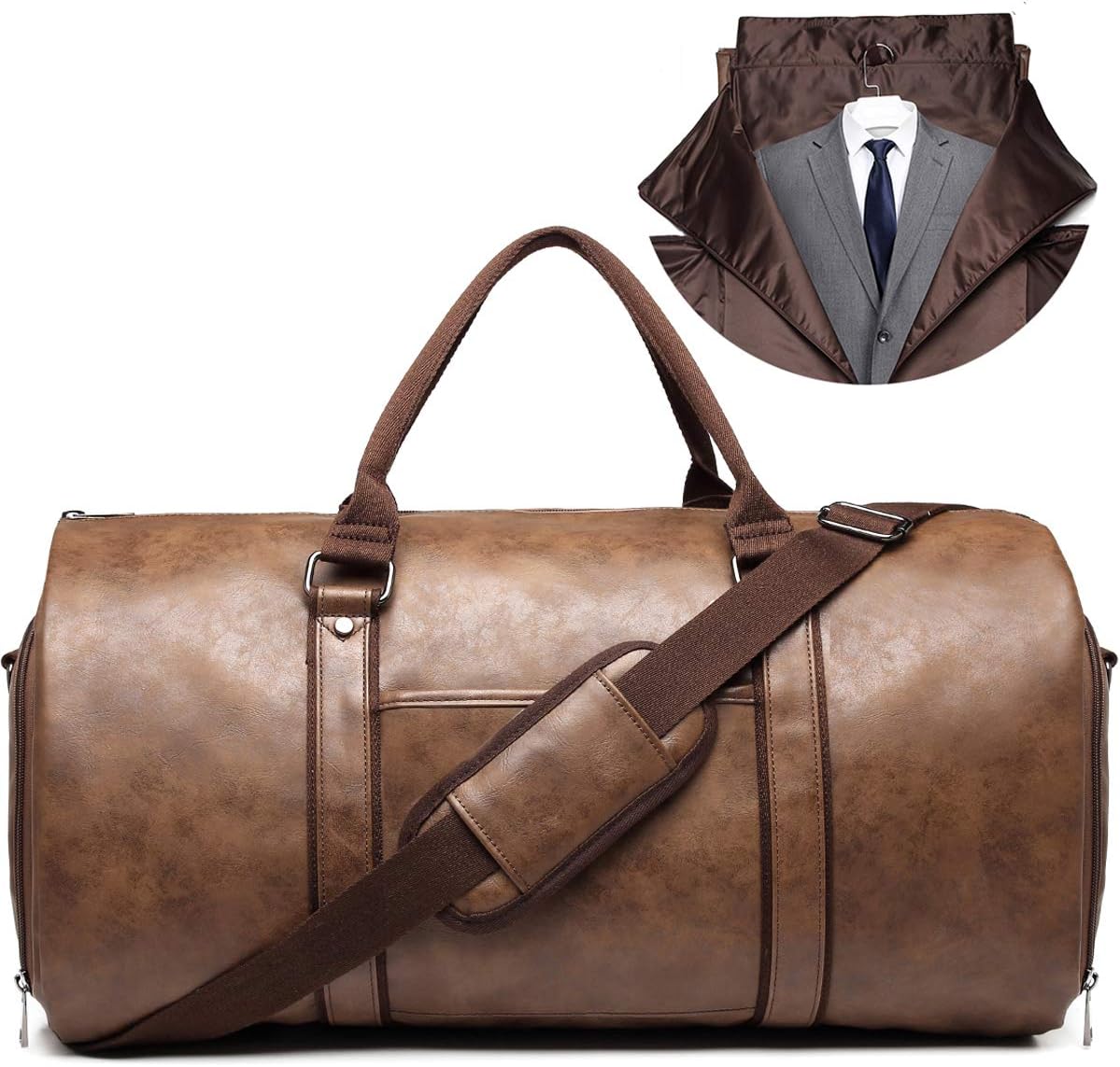 - BOLOSTA Carry on Garment Bags for Travel Leather Garment Duffle Bag Convertible Mens Suit Travel Bags with Shoe Compartment,Waterproof,Perfect for Business Travel/Husband Gifts (Brown)