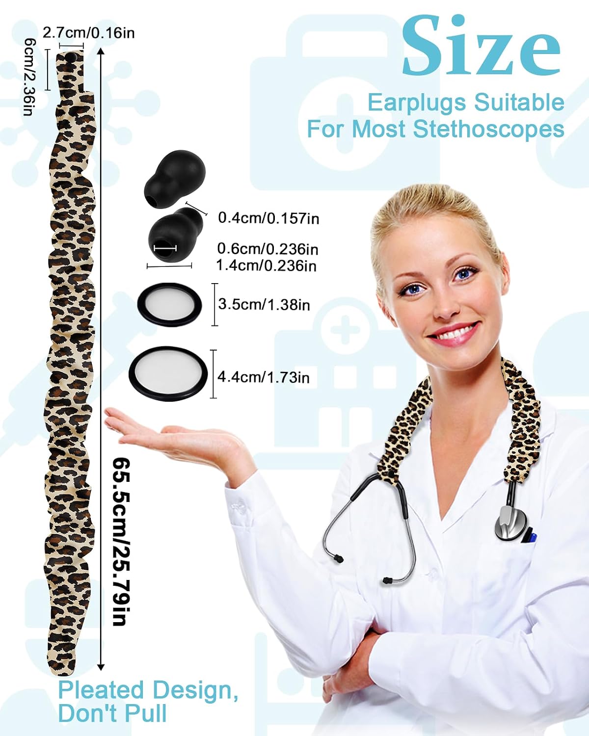 Plifal Elastic Stethoscope Cover Sleeve for Nurse Doctors Cuff Accessories - Leopard Print Pleated Design, Fits Most Dual-head Removable & Single-head Stethoscopes, Comes with Diaphragms and Earplugs