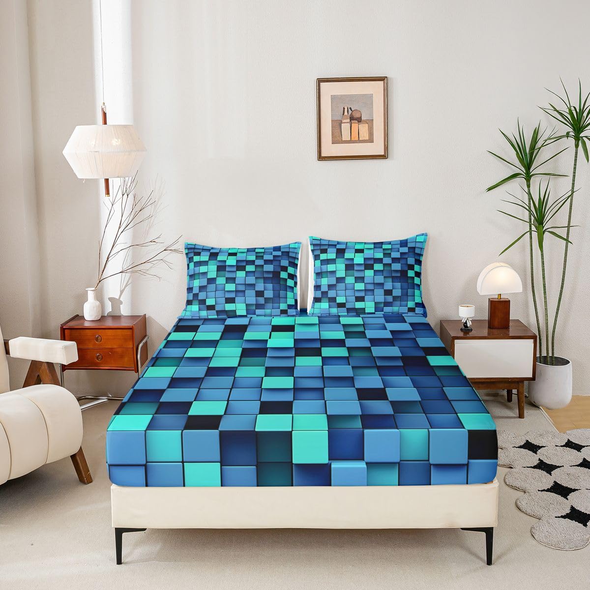 Sábana bajera ajustable de bloques geométricos 3D, tamaño King (no plana), juego de ropa de cama de 3 piezas, decoración de habitación de niñas y niños y mujeres, sábanas modernas de videojuegos de