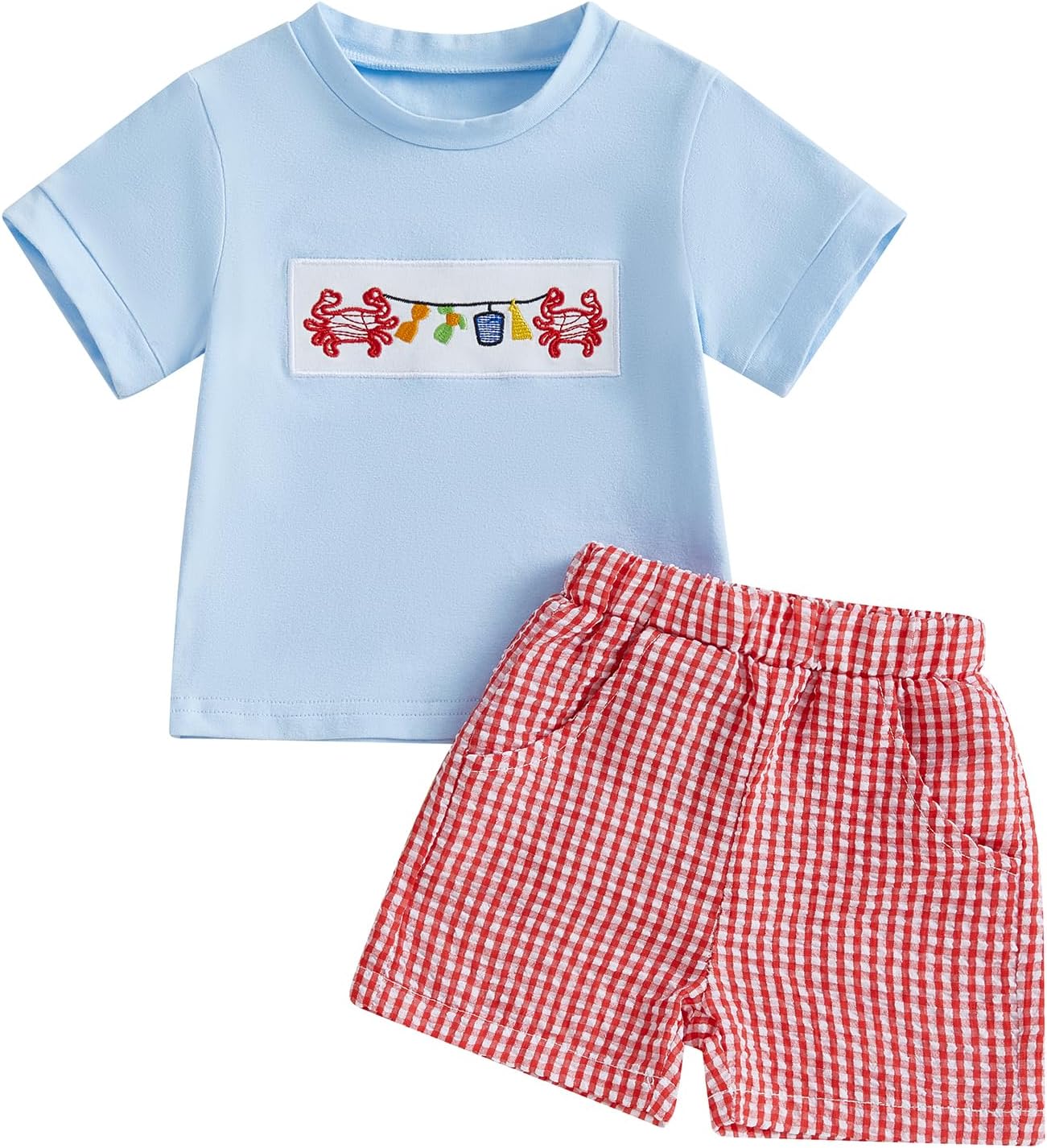 Toddler Baby Boy Summer Outfit Crab Lobster Embroidered Short Sleeve T-Shirts Plaid Shorts Infant Crawfish Clothes
