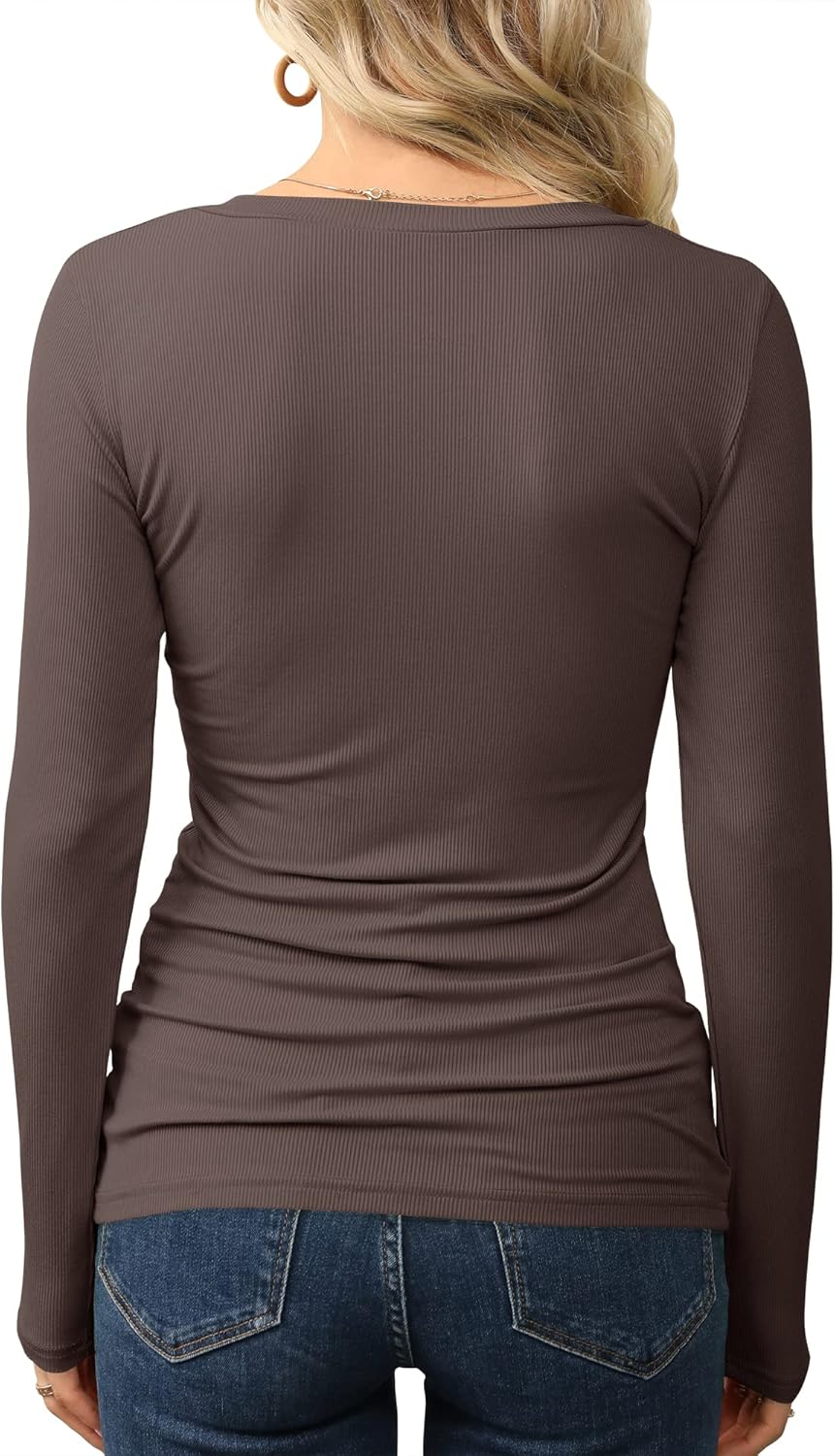 GEMBERA Women’s V Neck Ribbed Knit Long Sleeve Tops Casual Slim Fitted Basic Shirts - Image 3