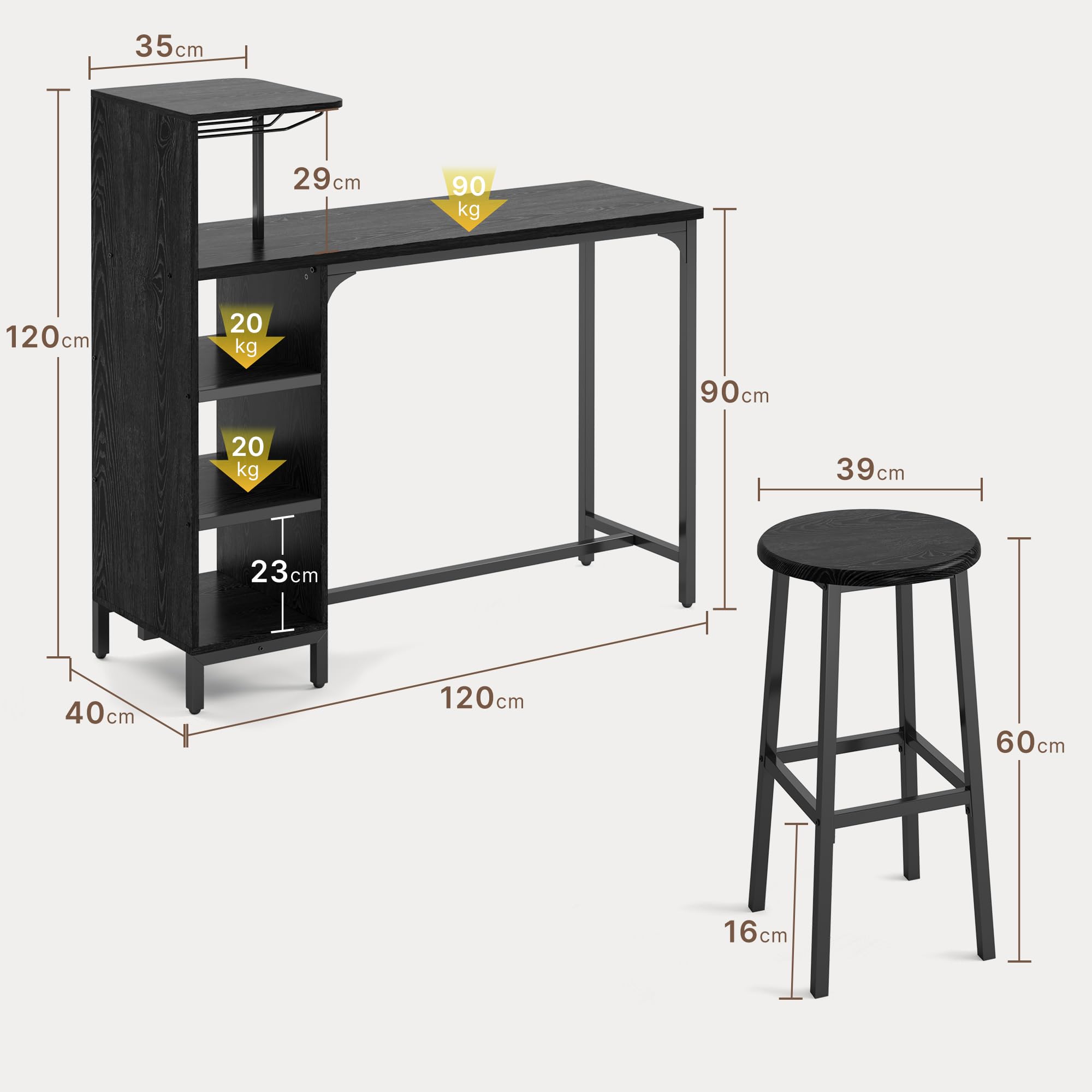 Xbro Tavolo da Bar con 2 Sgabelli, Portabottiglie 120x40x120 cm