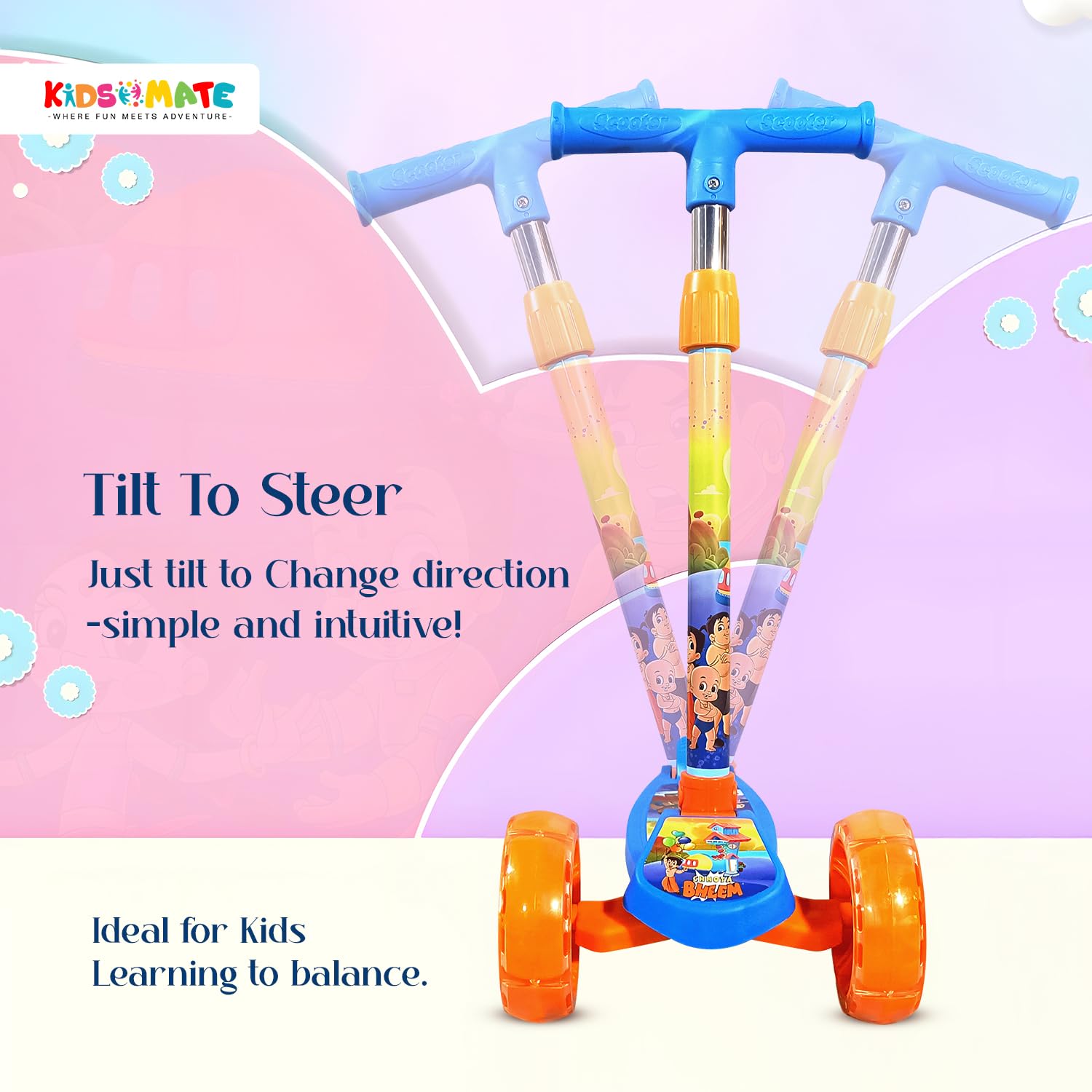 Kidsmate Chhota Bheem® Kick Scooter with Broad LED PVC Wheels | Non-Slip Wide Deck with Push Brake Kids Scooter for Age 3+ Yrs | 4-Level Height Adjustable | Max User Weight 50Kg - Blue 3