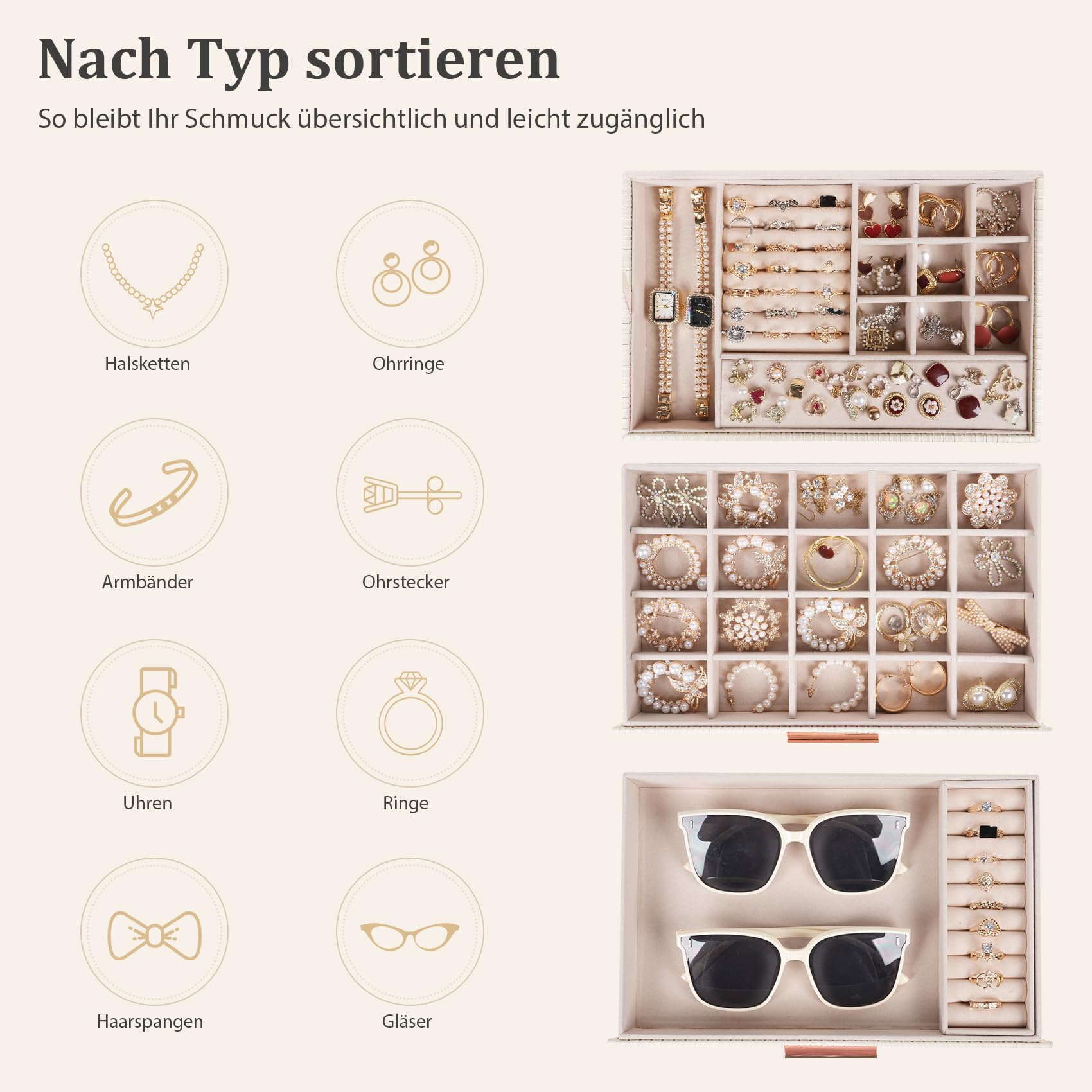 Dajasan Schmuckkästchen, Groß Schmuckaufbewahrung, 3 Ebenen Schmuckkasten mit 2 Schubladen, Schmuckschatulle für Schminktisch, PU-Leder Vertikale Textur, Modern, Geschenk für Damen Mädchen (Beige)
