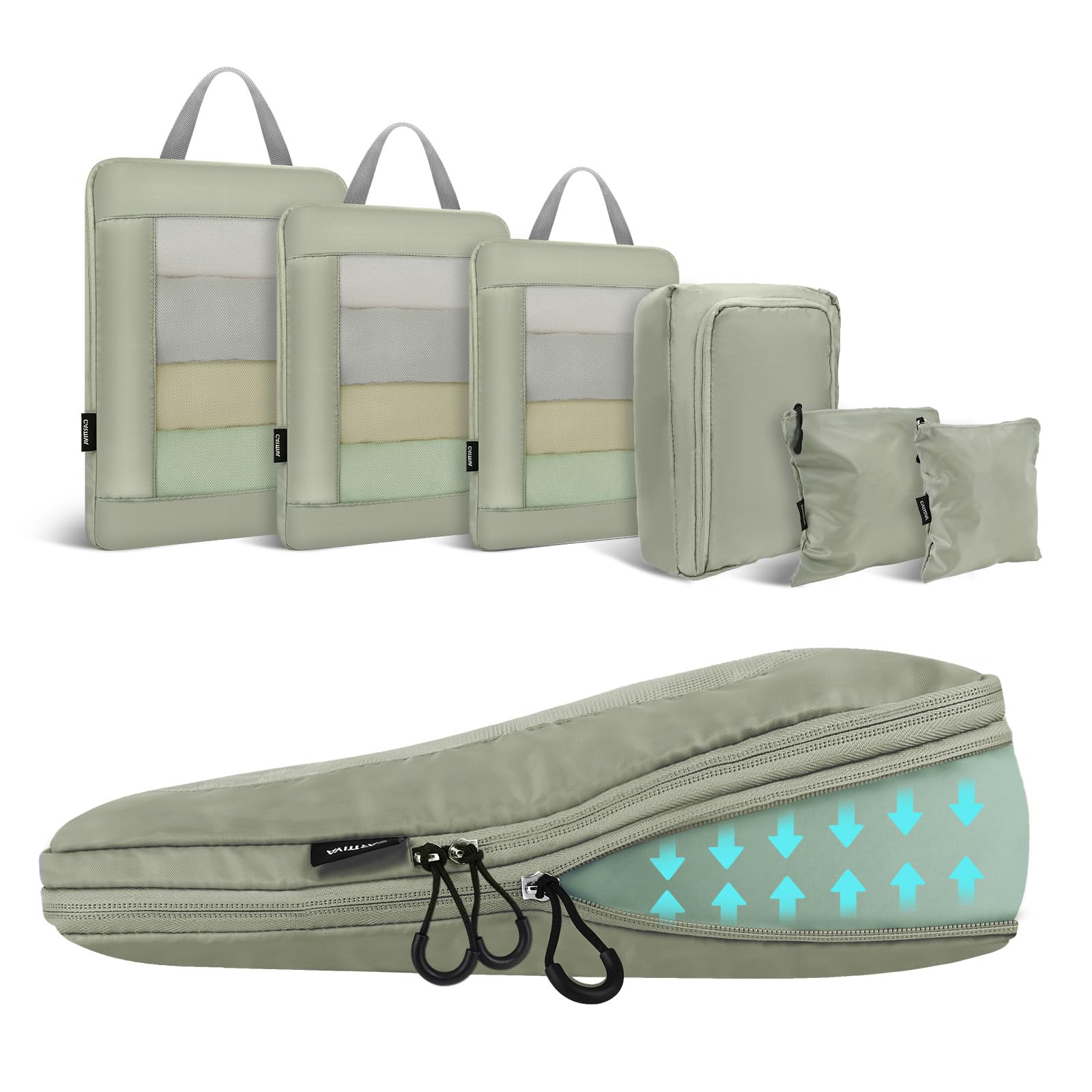 Rangement Valise, Ultraléger Organisateur Valise Compression, Extensible Voyage Packing Cubes Compression Sac Organiseurs de Bagage, Organisateur Valise Compressible (Gris Vert, 6 Pièces)