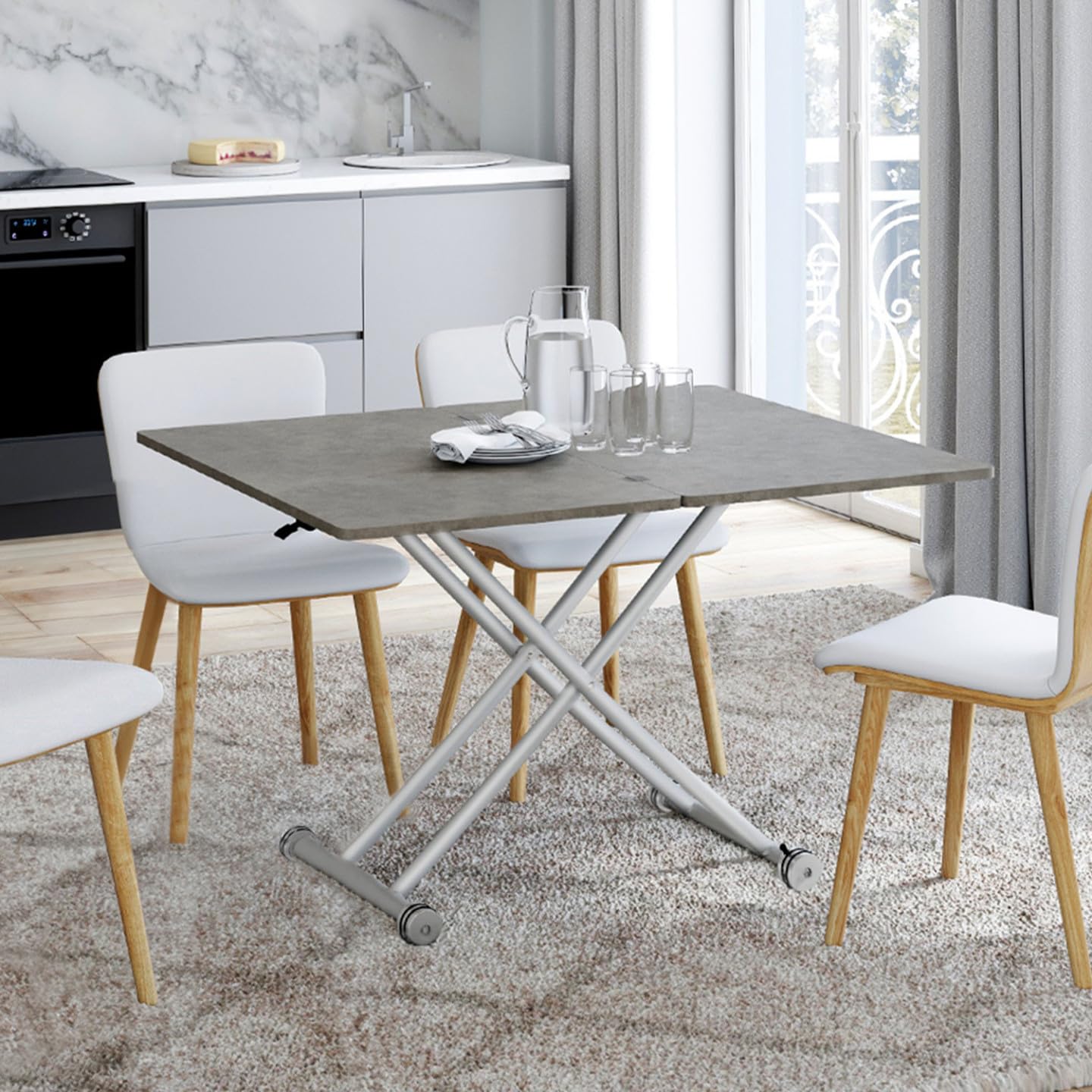 IDMarket – Mesa de centro 2 en 1 elevable en mesa de comedor Urbana hormigón | Rectangular, 100 x 57/114 x 30/75 cm, bandeja efecto hormigón y pie gris cromado