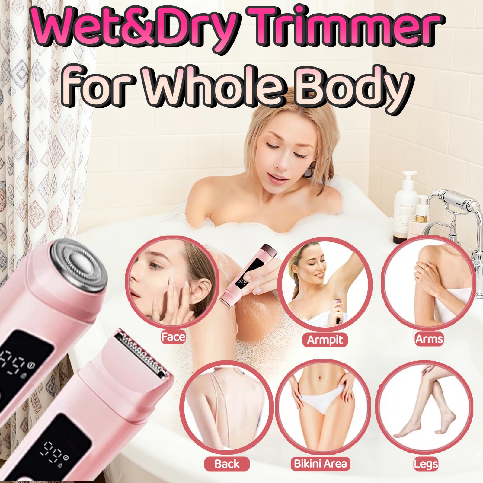 Rasoio elettrico da donna a doppia testa, per bikini, impermeabile, per uso bagnato e asciutto, per rimuovere i peli del corpo e del viso, per bikini, ascelle, gambe, braccia, corpo, viso, rosa