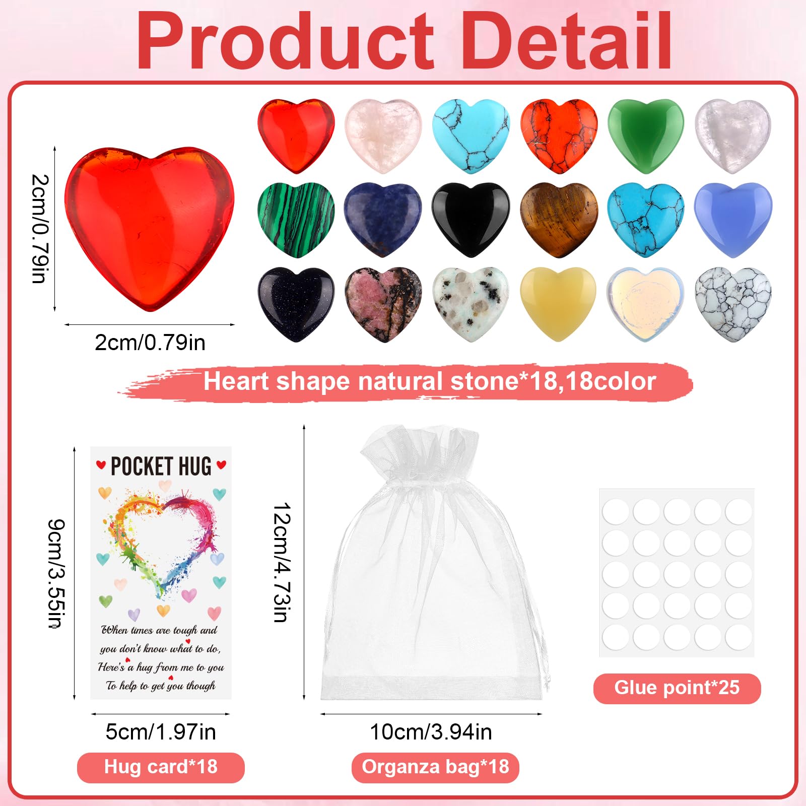 RUIYELE 18 Sets Pocket Hug Gift Pocket Hug Token Bulk Natural Heart Crystals with Hug Cards Organza Bags Inspirational Greeting Cards Exchange Gift for Women Friends Colleagues Family - Image 2