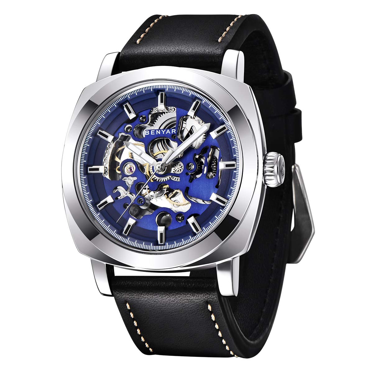 BY BENYAR Automatic Watch for Men Skeleton Mechanical 45mm Square Mens Watches 30M Waterproof Gift for Men Silver Blue