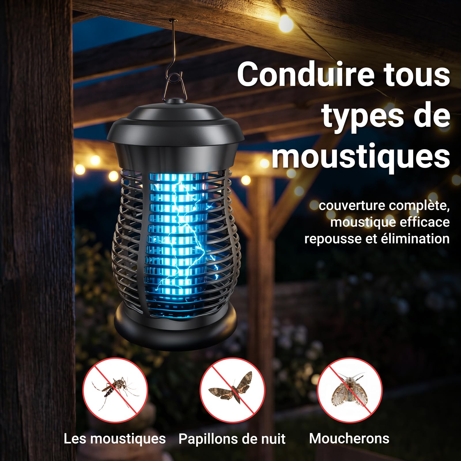 Lampe Anti Moustique Electrique, Tueur d'Insectes Électrique 4200V 20W UV,Appareil Anti Moustique à Lumière Bleue, Anti Insectes Répulsif Étanche IPX6 Efficace Portée 100m² pour Intérieur et Extérieur