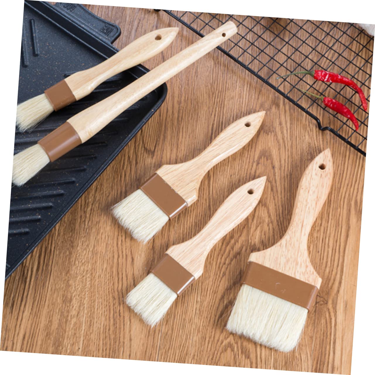 HEMOTON Barbecue Brush Set 4 in 1 Wood Handle Wool Brush for Cooking Basting Oil Sauce Non-scratch Food Grade