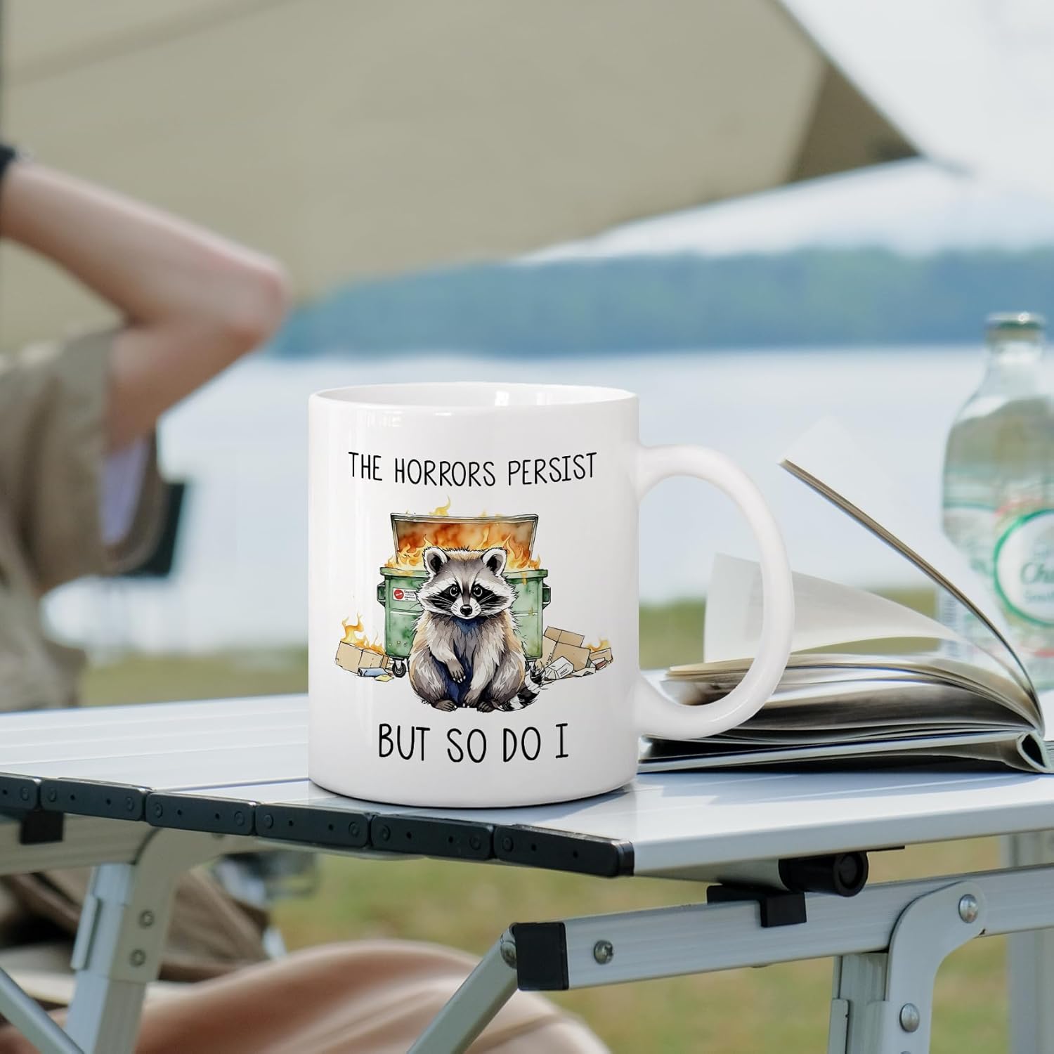 Funny Raccoon Trash Fire Mug, The Horrors Persist But So Do I, Gift for Lovers Coworker or Friend 11 oz White - Image 3