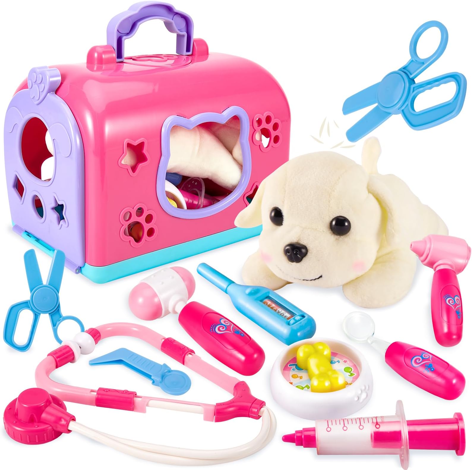 BUYGER Vet Doctor Set for Kids, Vet Toy and Pet Care Grooming Games with Plush Dog Pretend Role Play Pet Shop Medical Kits for Ages 3 4 5+ Years Olds