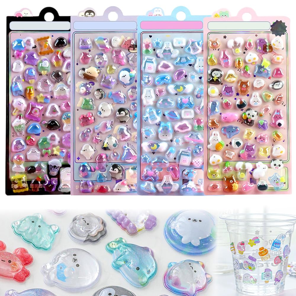 LIKENNY デコシール 可愛い 4枚セット 立体 ドロップ 3Dぷっくりシール DIY キラキラな 女の子 ギフト インテリア 手帳 スマホ スクラップブック用