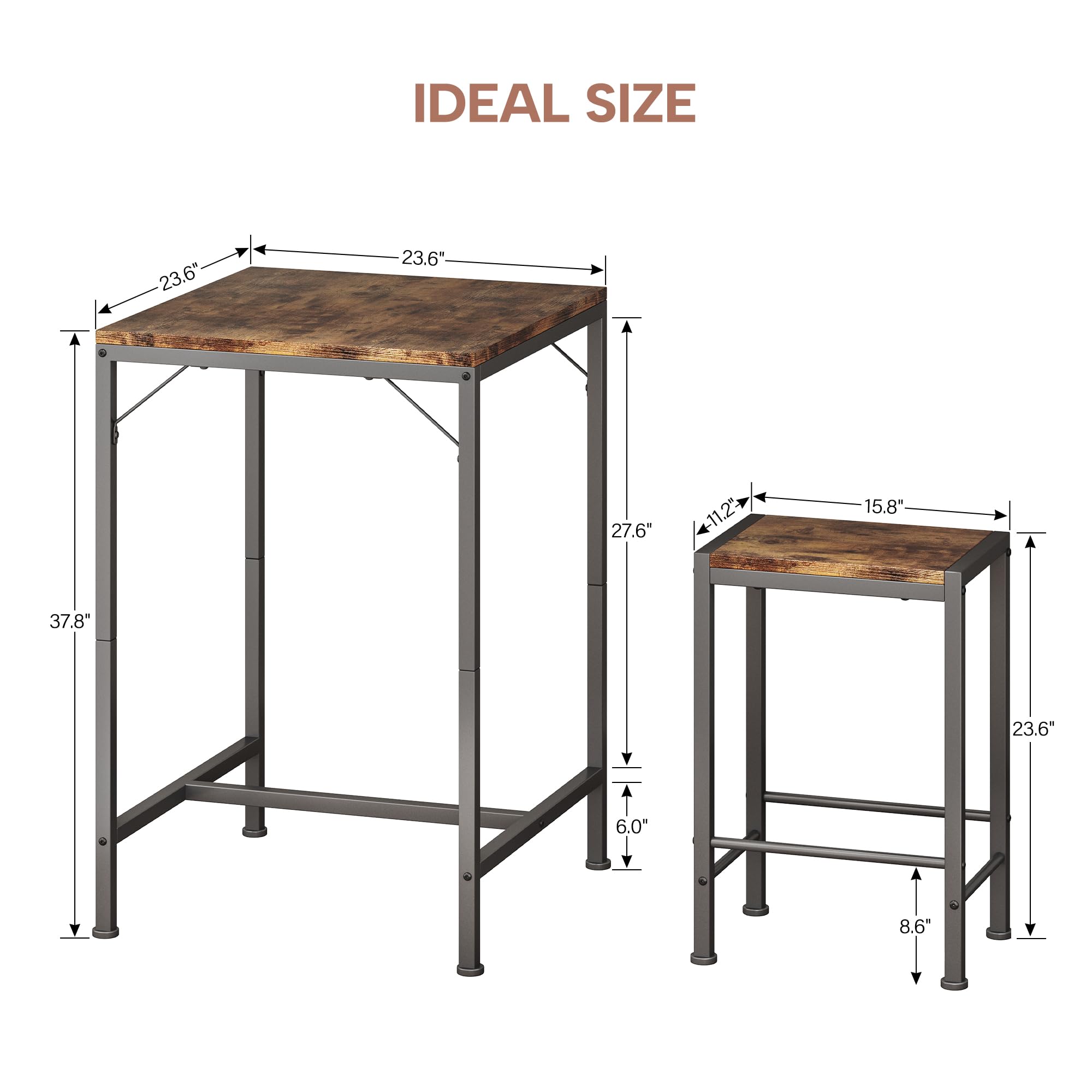 Juego de mesa y sillas de bar, mesa de bar cuadrada con 2 taburetes, juego de comedor que ahorra espacio para 2, perfecto para cocina, rincón de desayuno, sala de estar y espacios pequeños 6