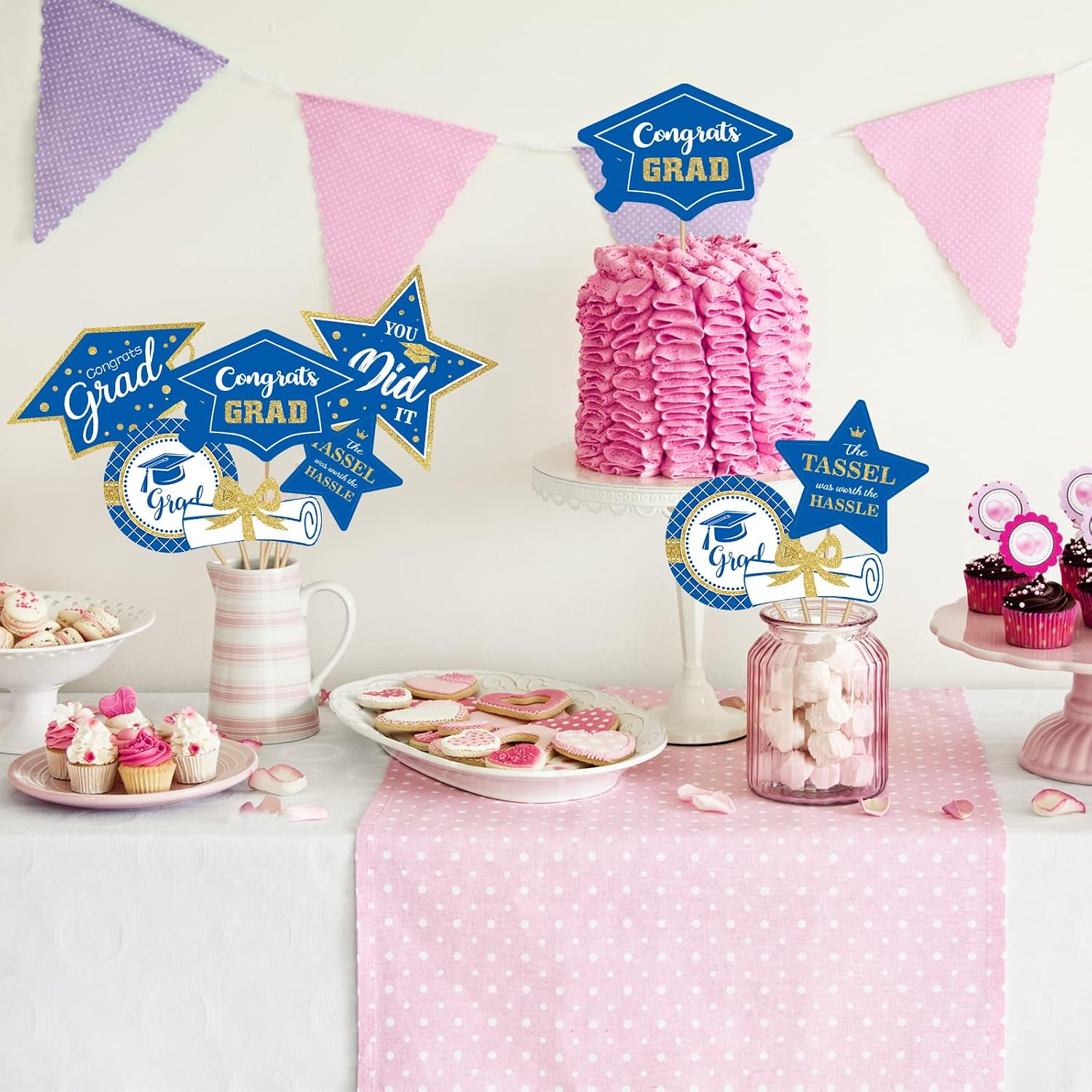 party greeting 2026 Graduation Decorations Set of 24 Class of 2026 Table Decor Congrats Grad Party Centerpiece Sticks Table Toppers Graduation Party Supplies, Blue Gold