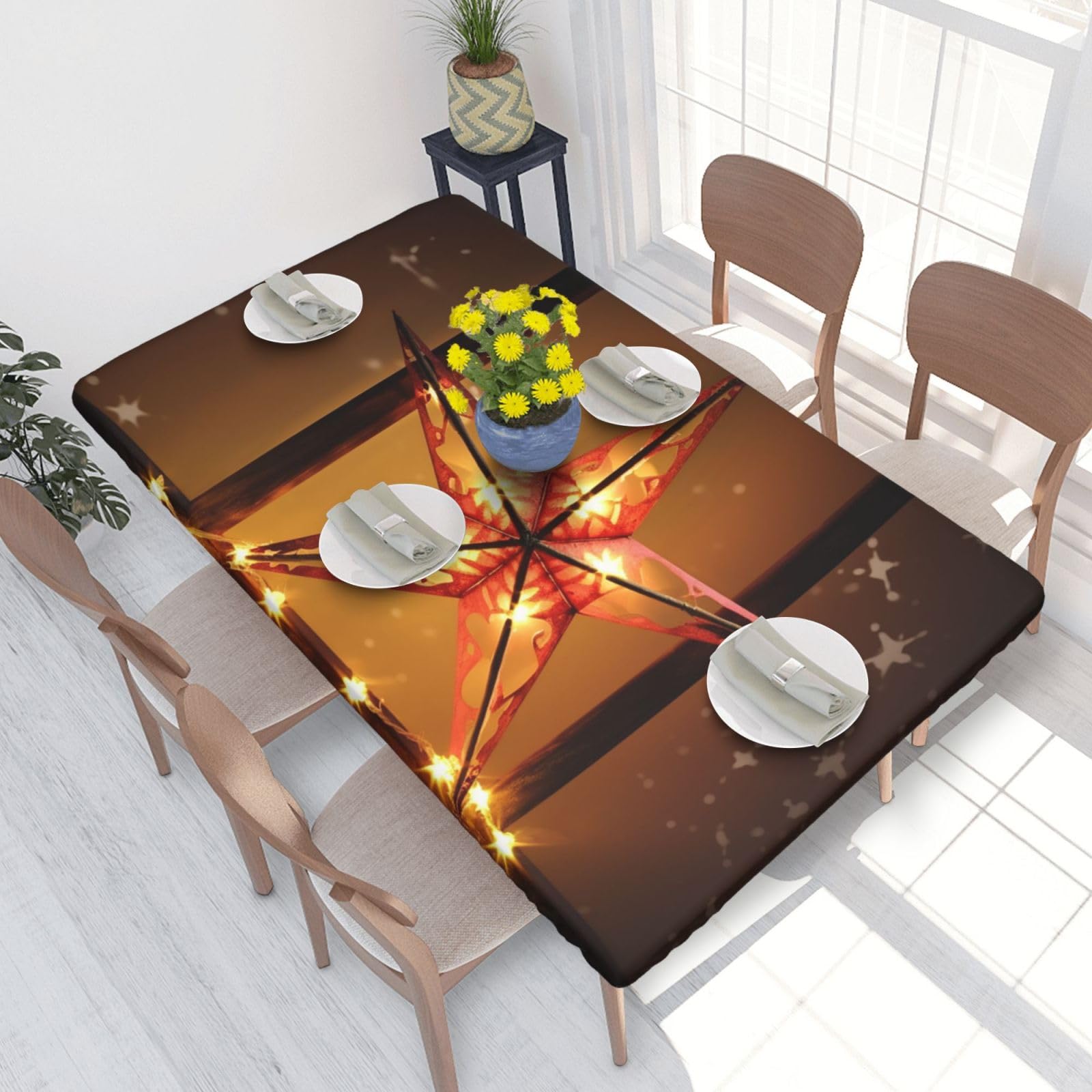 Merry Christmas Star Waterproof Square Table Cover Elastic Fitted Tablecloth Oil Proof Table Protector For 4ft Table