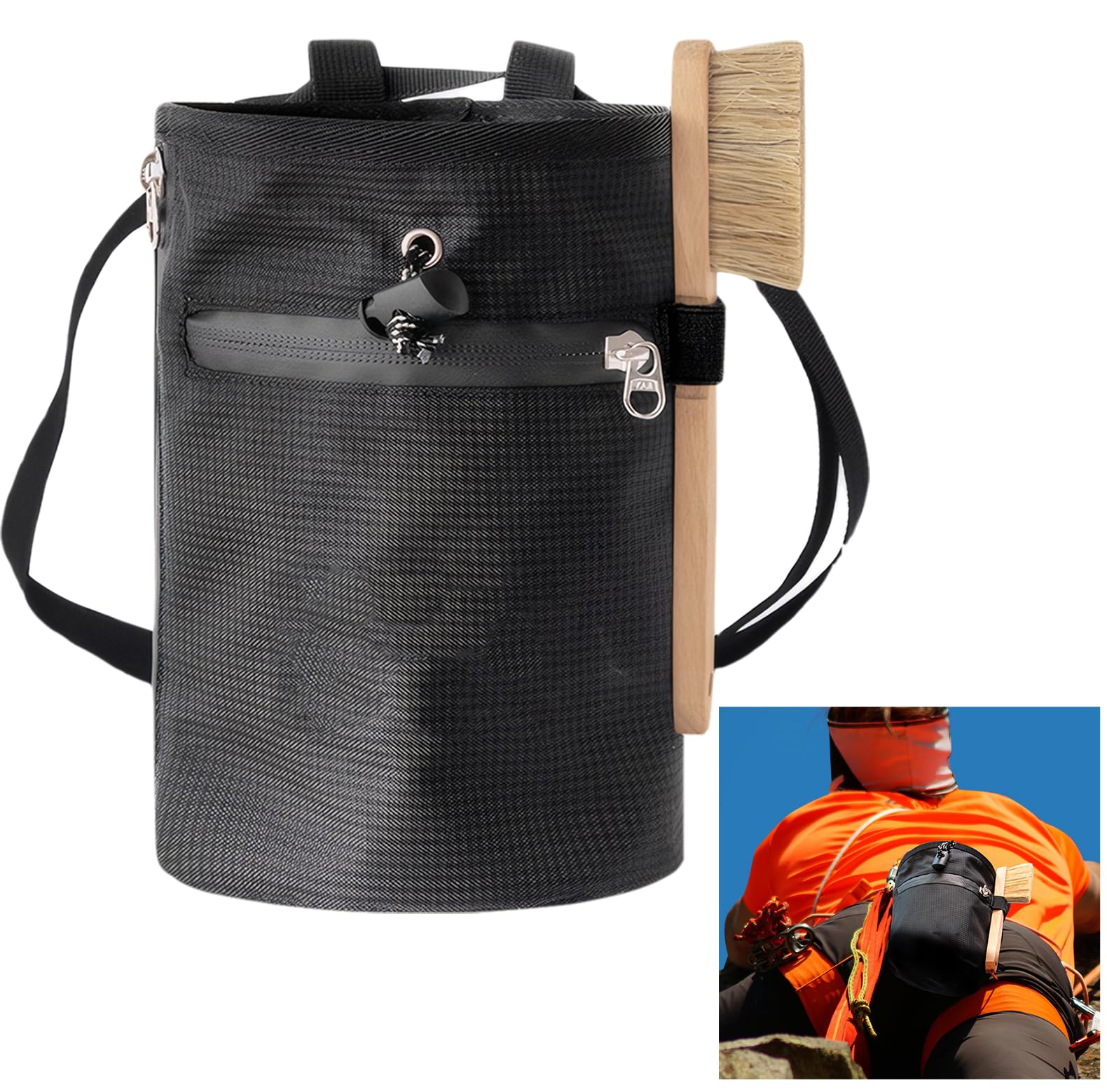 Sac Magnésie Escalade, 13x19cm, Sac de Craie avec Brosse, Imperméable 420D Oxford Sac Poudre de Magnésium avec 2 Poches Fermeture Éclair et Ceinture Réglable Clip Rapide, pour Haltérophilie Fitness