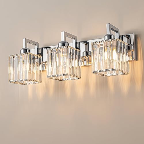 Moderna lámpara de pared de cristal para baño, 3 luces, cromada, moderna lámpara de pared de cristal para baño, iluminación de tocador de cristal