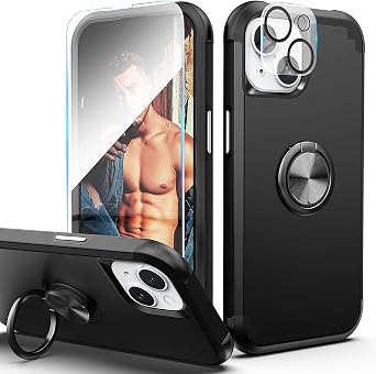 IDweel for iPhone 13 Case with Screen Protector + 360Ring Holder Stand + Camera Lens Protector,2 in 1 Shockproof Slim Fit Hybrid Heavy Duty Hard PC Cover Soft Silicone Bumper Full Body Case,Black