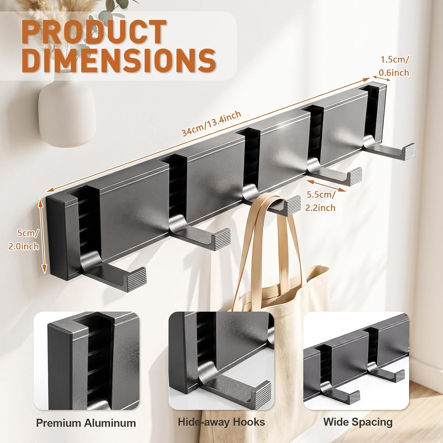 Wall-Mounted Coat Rack with 5 Hooks, Gunmetal Grey, 1 Pack