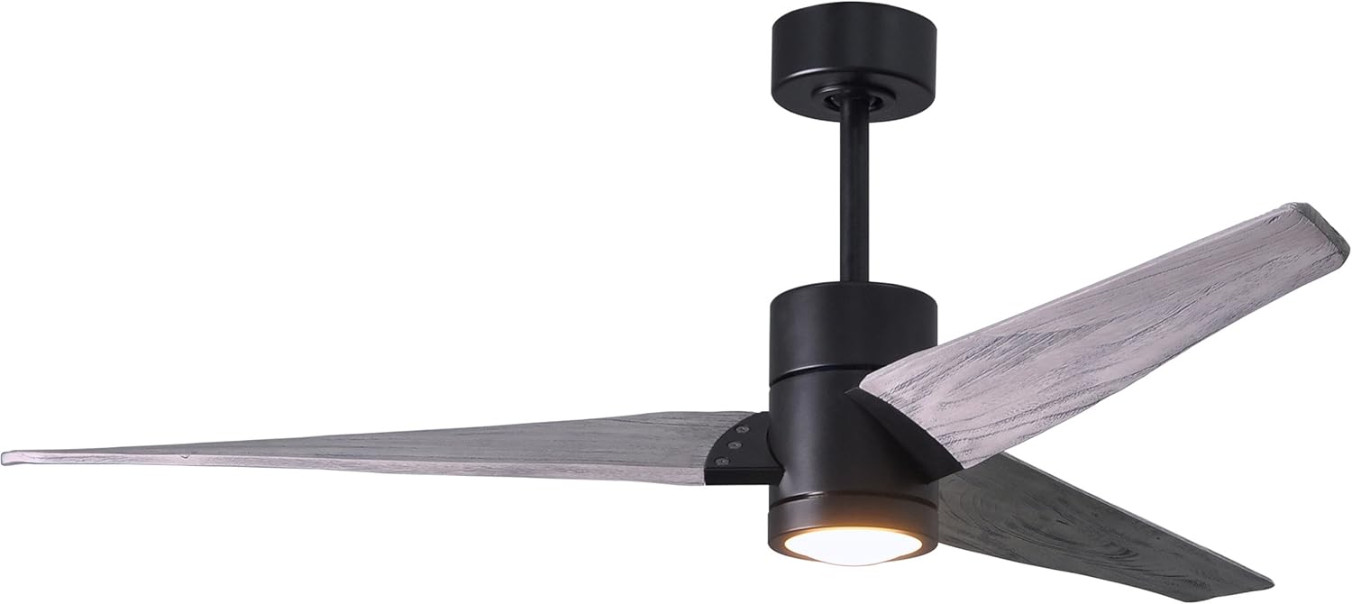 Matthews SJ-BK-BW-60 Super Janet Damp Rated 60" Ceiling Fan with LED Light and Remote & Wall Control, Silent DC Motor, 3 Solid Wood Blades, Matte Black with Barn Wood Tone