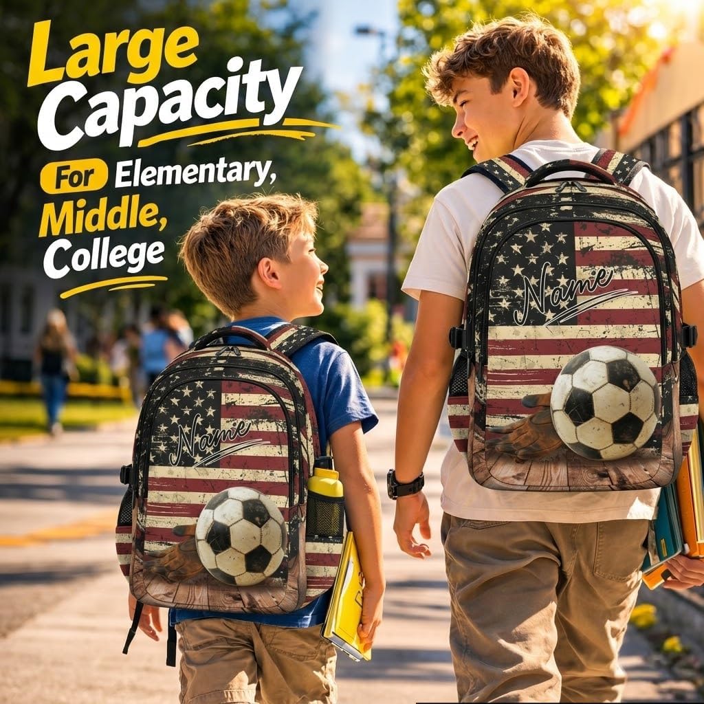 Personalized Boys Backpack Soccer Backpacks for Kids Teens Soccer Fans, Large Capacity Custom Retro Flag Print Bookbag for Back to School