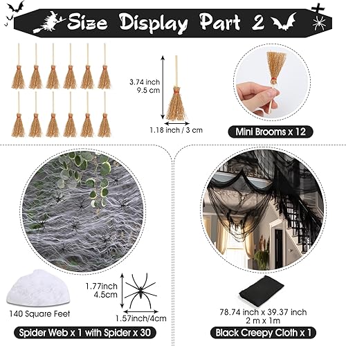 Miniatura 3 de Kit de decoración de Halloween de 75 piezas, sombreros de bruja de Halloween negros | Decoraciones de sombreros de bruja colgantes con telaraña y 18