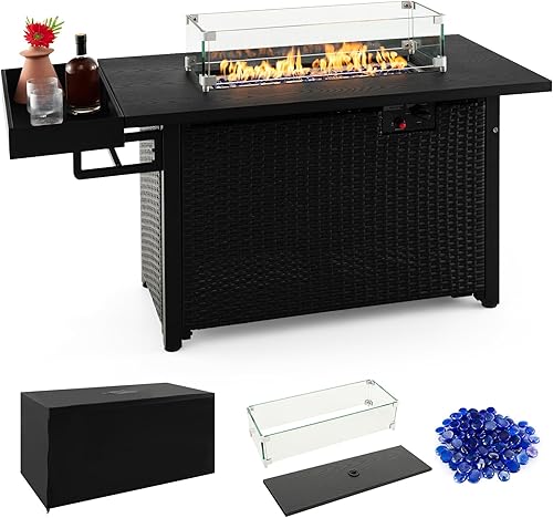 Miniatura 10 de Tangkula Mesa para fogata de propano para patio, fogata de gas de mimbre de 52 pulgadas con protector contra el viento y estante extendido, salida