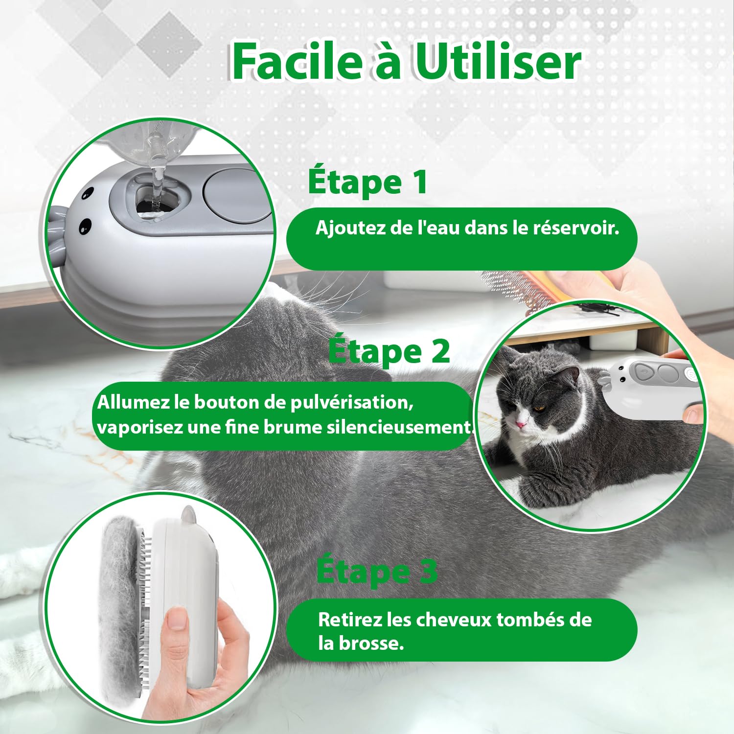 Brosse Chat Vapeur avec Bouton de Déverrouillage, Rechargeable Brosse Vapeur pour Poils Longs et Courts Chats Chiens Lapins, Autonettoyant Brush pour le Toilettage des Animaux de Compagnie