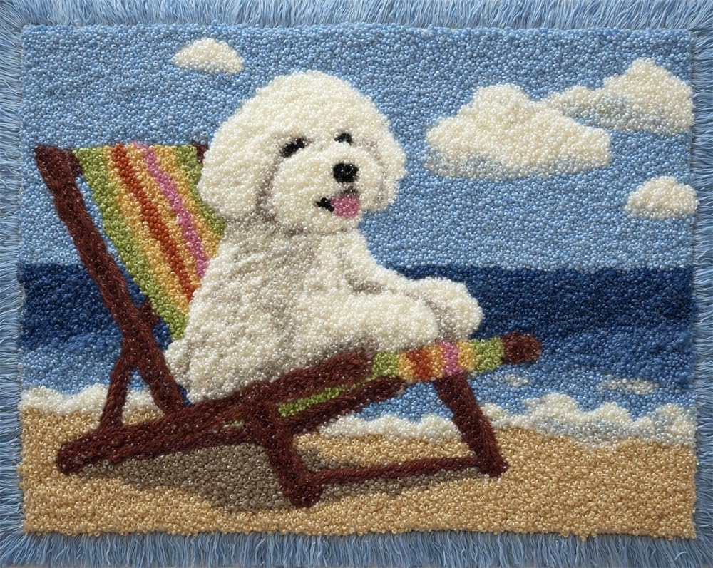 Kitquiver Animal DIY Latch Hook Rug Kits for Beginners Adults,Bichon Frise Sitting On A Beach Chair,Latch Hook Rug Kits Carpet Making Crafts DIY Craft Gifts 35X46In