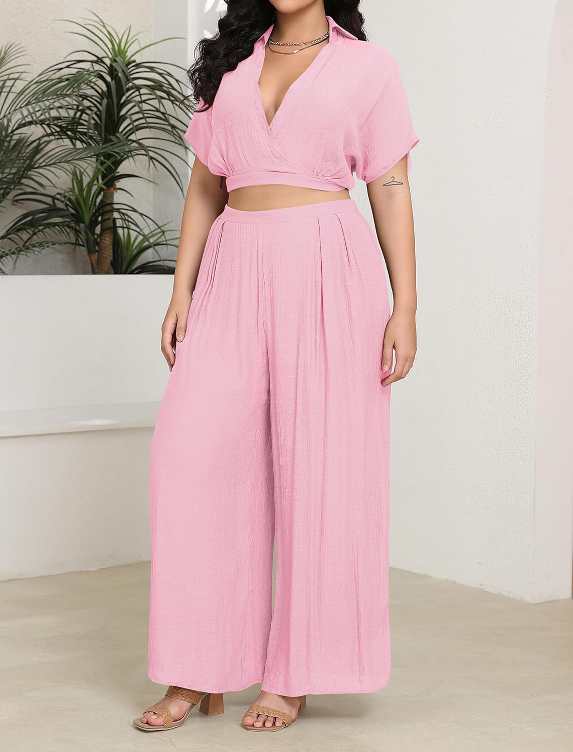 Lounge Sets for Women Two Piece V Neck Crop Top Flowy Pants Set Vacation Travel Summer Outfits - Image 4