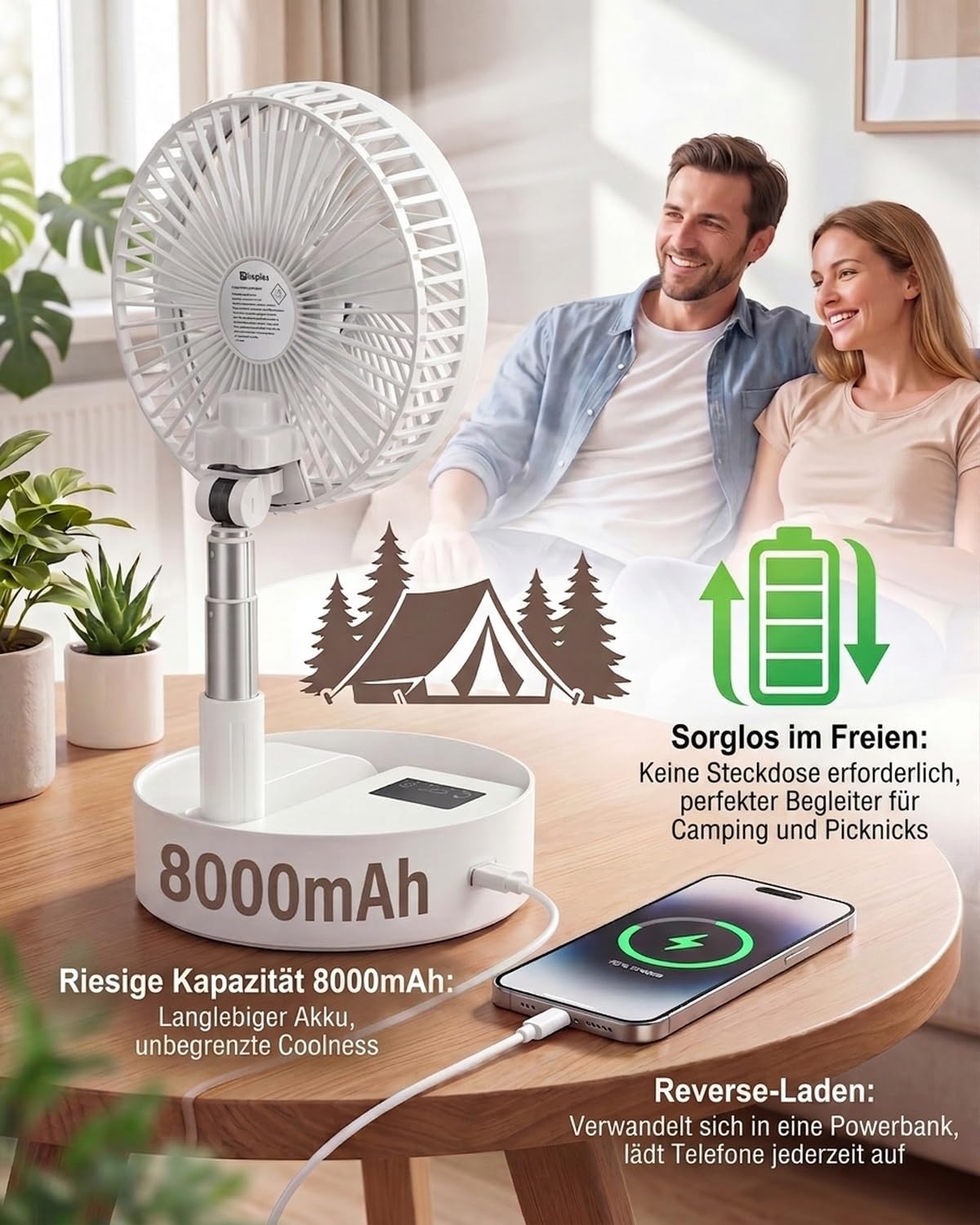 Leise 8" Tragbarer Standventilator mit Fernbedienung, 8000mAh Akku Aufladbar USB C Tischventilator, 5 Geschwindigkeitsstufen, 90°/120°-Oszillation, 1–8-Stunden-Timer, Ventilator für Schlafzimmer