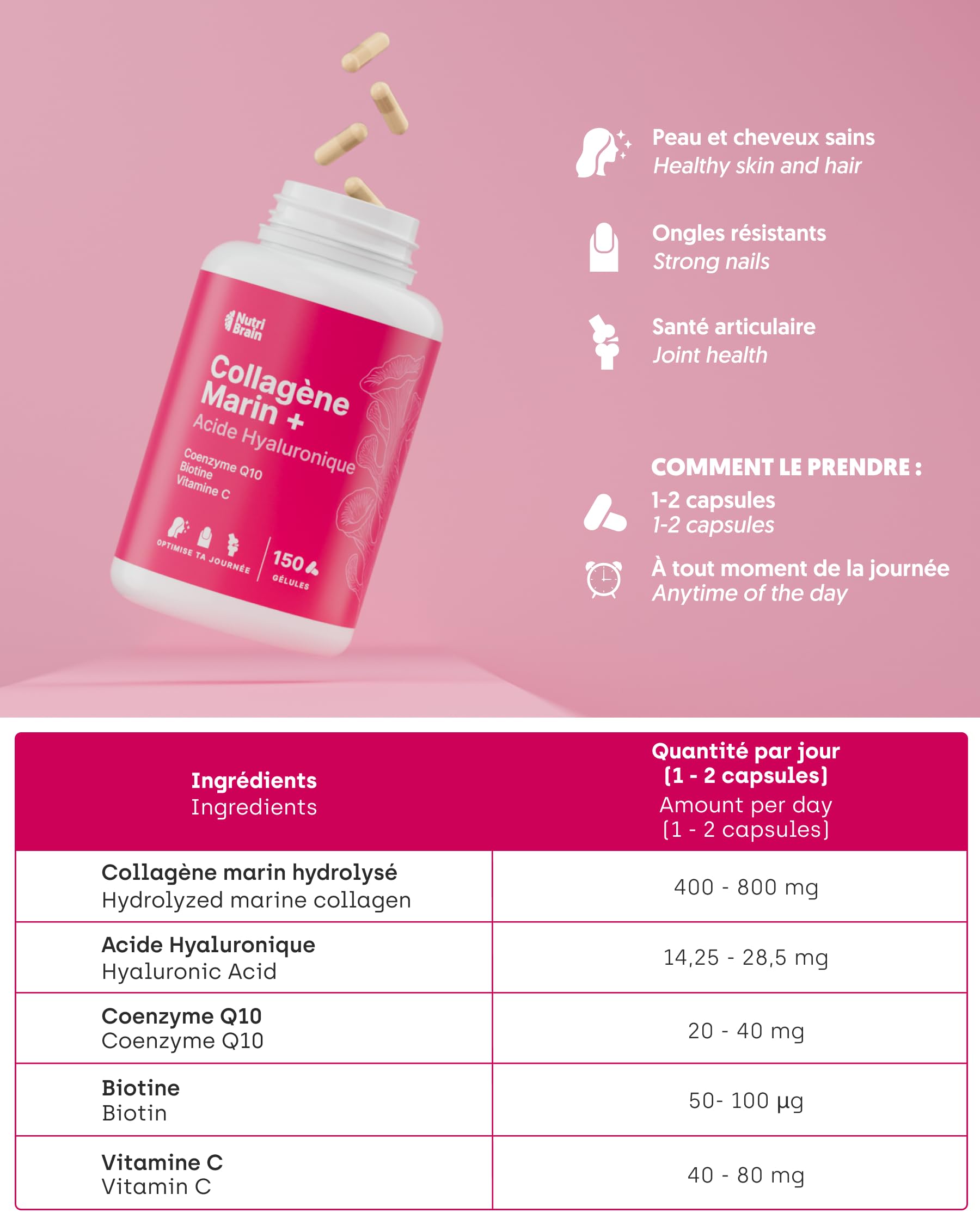 Collagène Marin Hydrolysé Pur + Acide Hyaluronique, Coenzyme Q10, Biotine & Vitamine C | 150 Gélules | Haute Biodisponibilité | 5 Mois | Peptides Type 1 | Peau, Cheveux, Ongles, Articulations