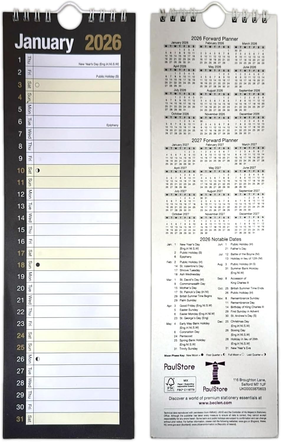 2026 Slim month to view spiral bound wall planner calendar black and white