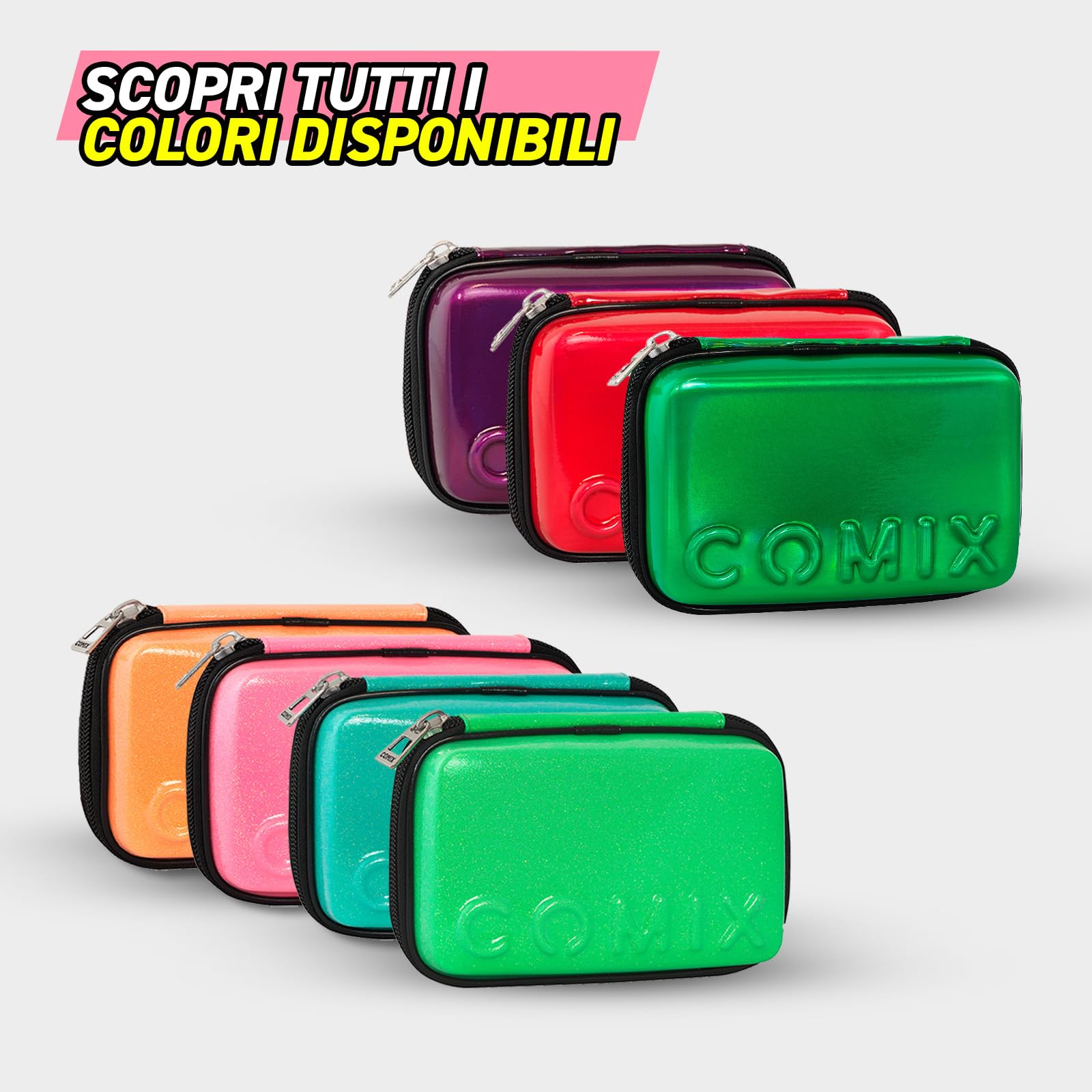 COMIX - Astuccio Scuola, Astuccio Maxi Zip per Bambini e Ragazzi, con Set Cancelleria Incluso, Cover Rigida con Maxi Logo in Rilievo e Tirazip in Metallo, 21 x 14,5h x 6,5 cm