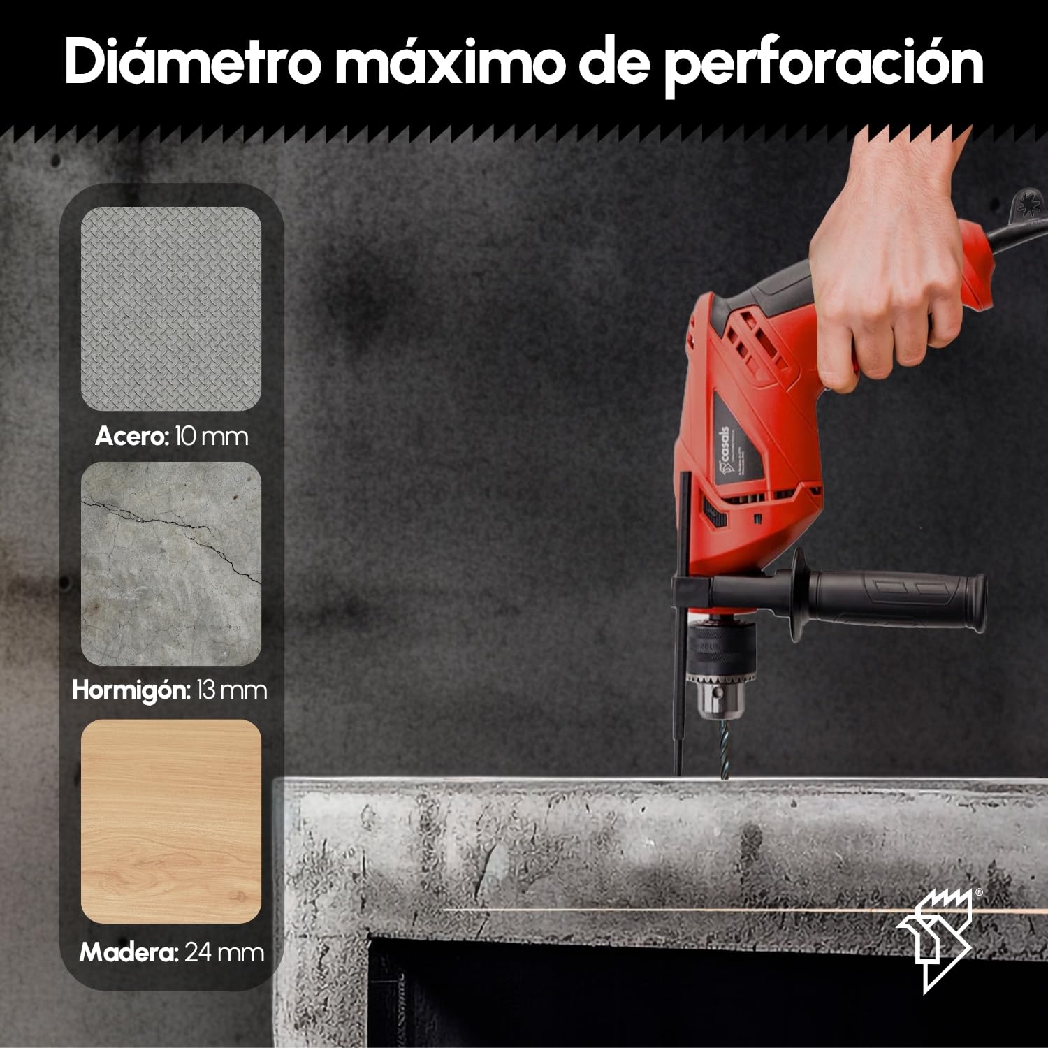 Casals - Taladro Atornillador Percutor 500W | 3000RPM | Portabrocas 13mm | Capacidad Máxima Perforación 10mm Acero / 24mm Madera / 13mm Hormigón | Revestimiento Ergonómico | 1.8m Cable