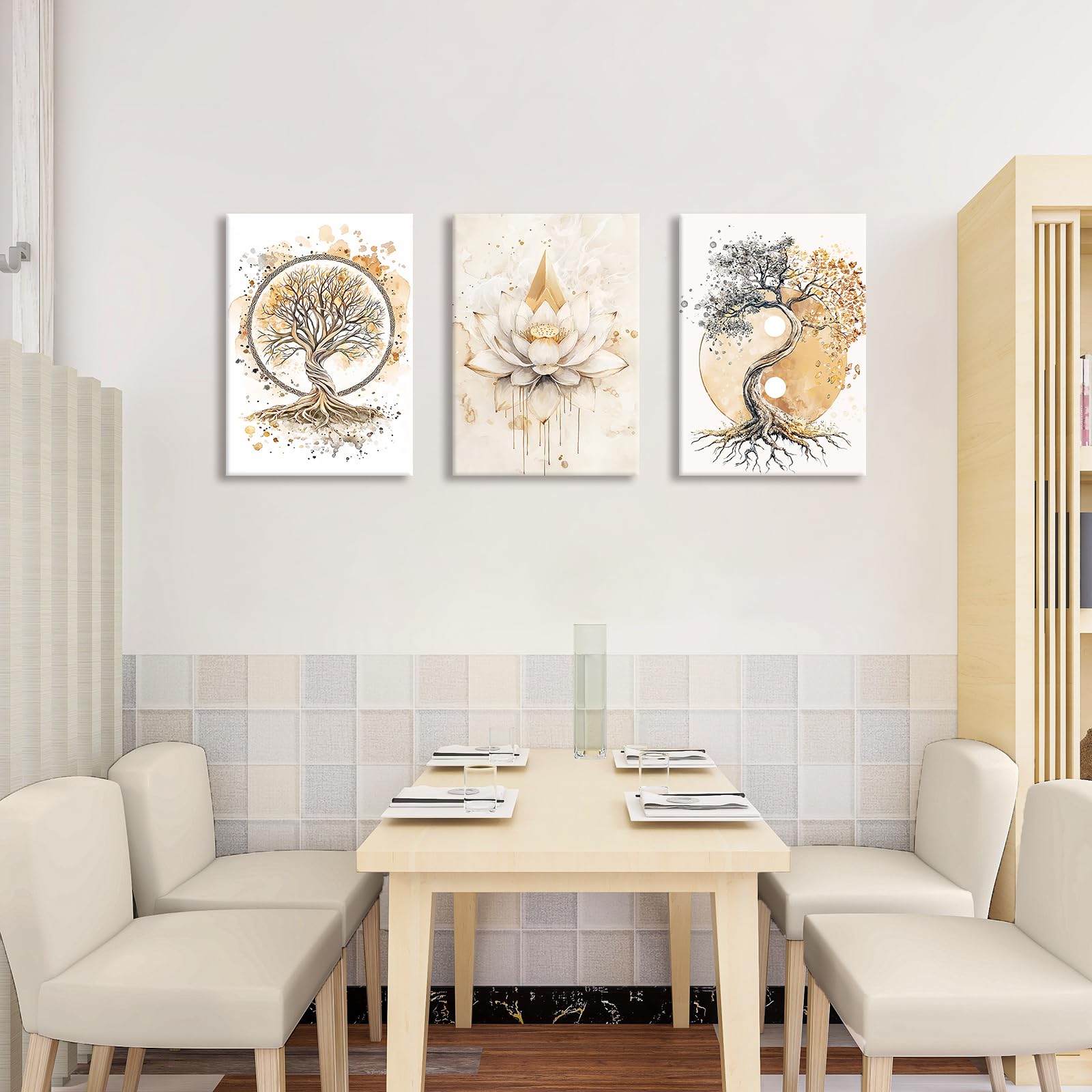 3Pcs Wooden Framed Canvas Wall Art Tree Of Life Yin Yang Painting Zen Buddhism Beige Lotus Flower Canvas Prints Pictures for Living Room Bedroom Hallway Home Wall Decor 120x60cm(16"x24"x3pcs) - Image 2