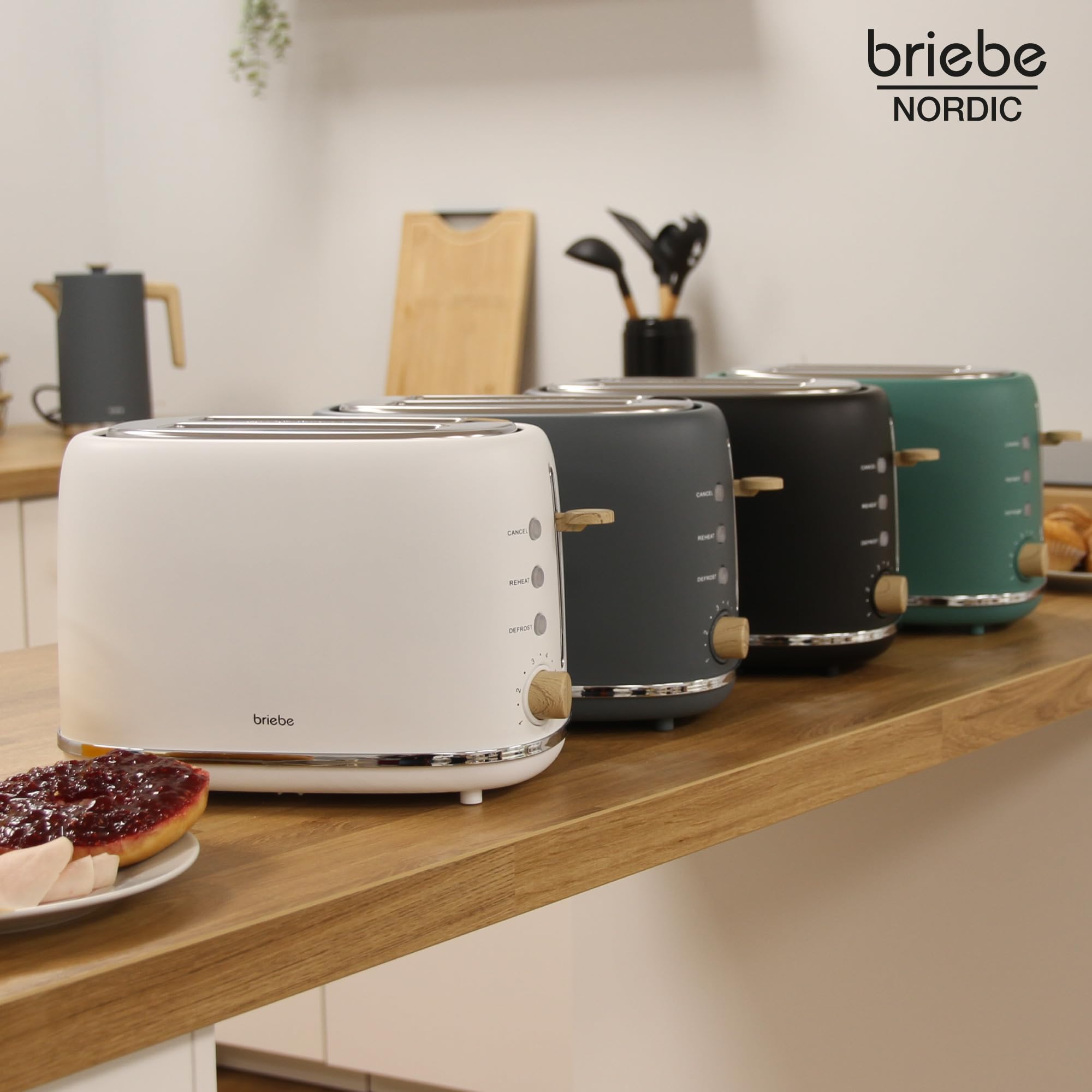 briebe Nordic Tostapane a Fessura Larga a 2 Fette, 6 Livelli di Tostatura, Pinze per Toast, Funzione Stop, Riscalda e Scongela, Vassoio Raccogli Briciole, Design Nordico, 870W, Grigio