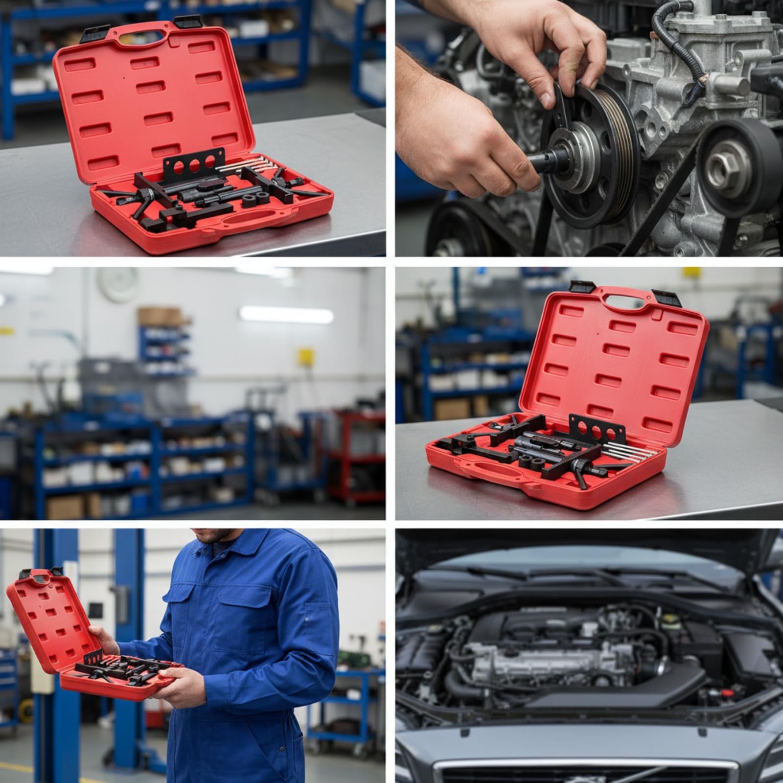 Set di Utensili per Sostituzione Cinghia di Distribuzione con Staffe E Aste di Collegamento per Sistemi Motore Europei in Contenitore Rosso con Impugnatura per Trasporto Facile