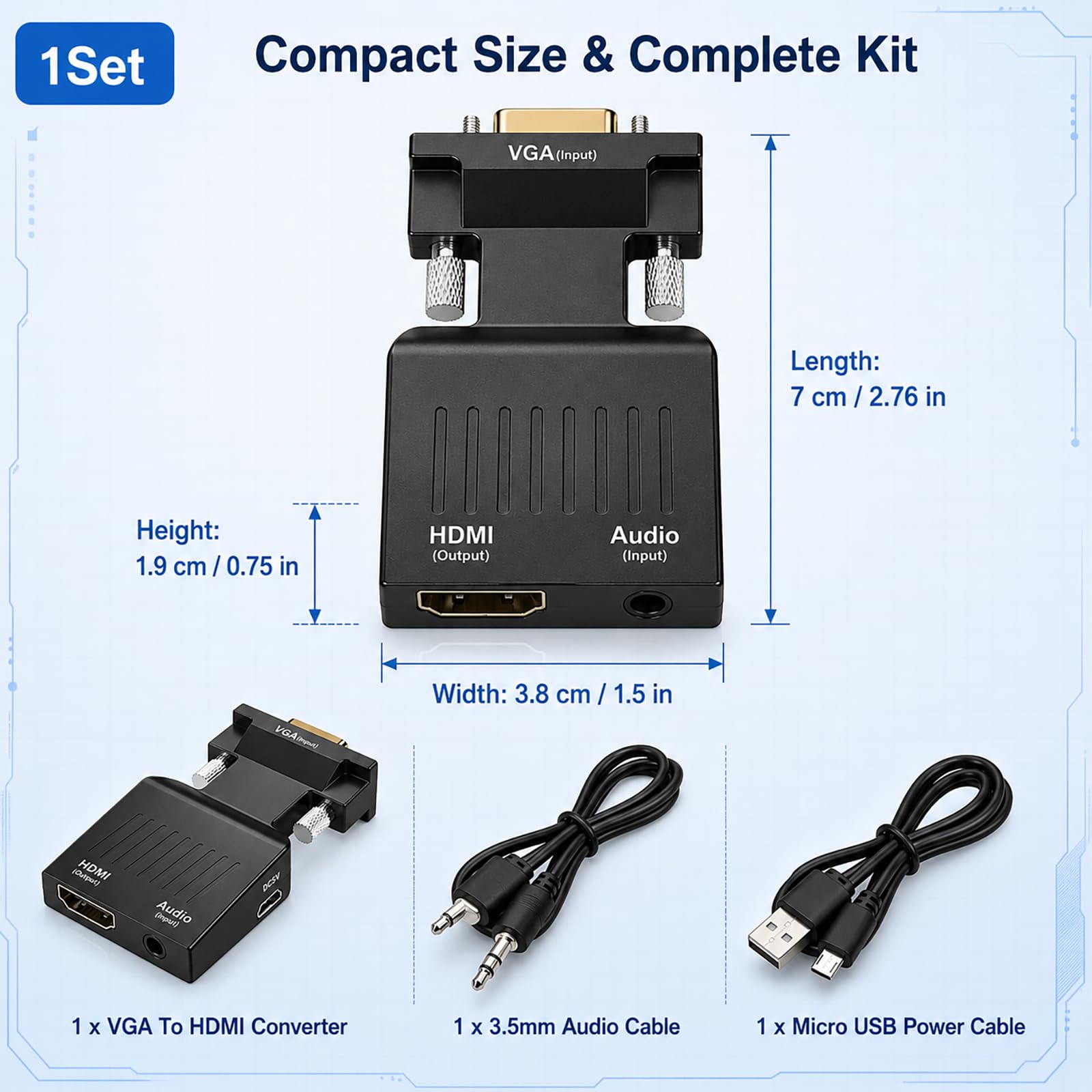 VGA auf HDMI Adapter 1080P, VGA zu HDMI Konverter Buchse Konverter mit 3,5mm Audio und USB Stromversorgung, Analog Digital Wandler für PC Laptop Notebook zu Monitor TV Beamer Projektor HDMI Bildschirm