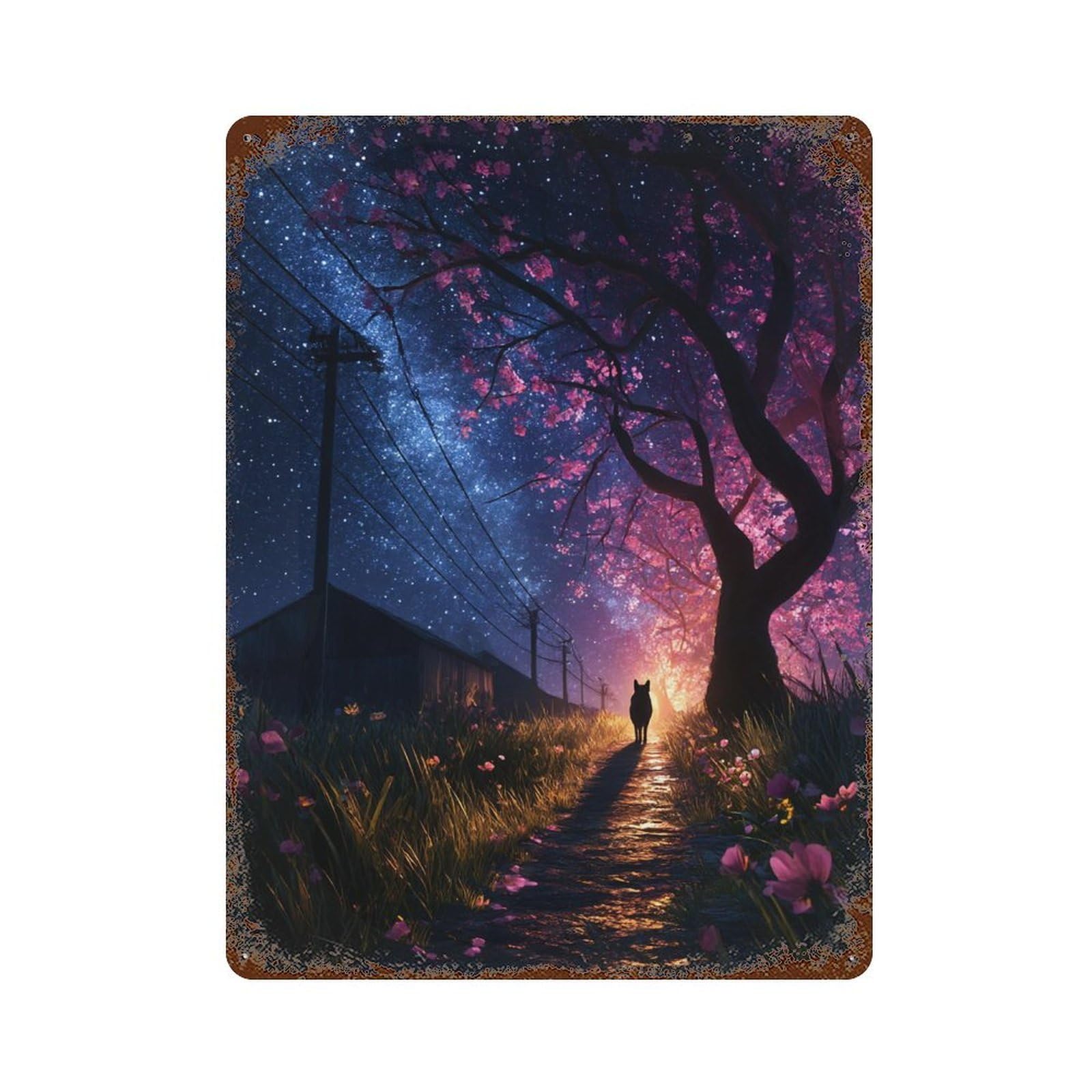 Rust Effect Cherry Blossom Night Pathway Rustic Tin Plaque 15.7"x11.8", Industrial Home Decor for Bistro, Counter And Cafe Decor