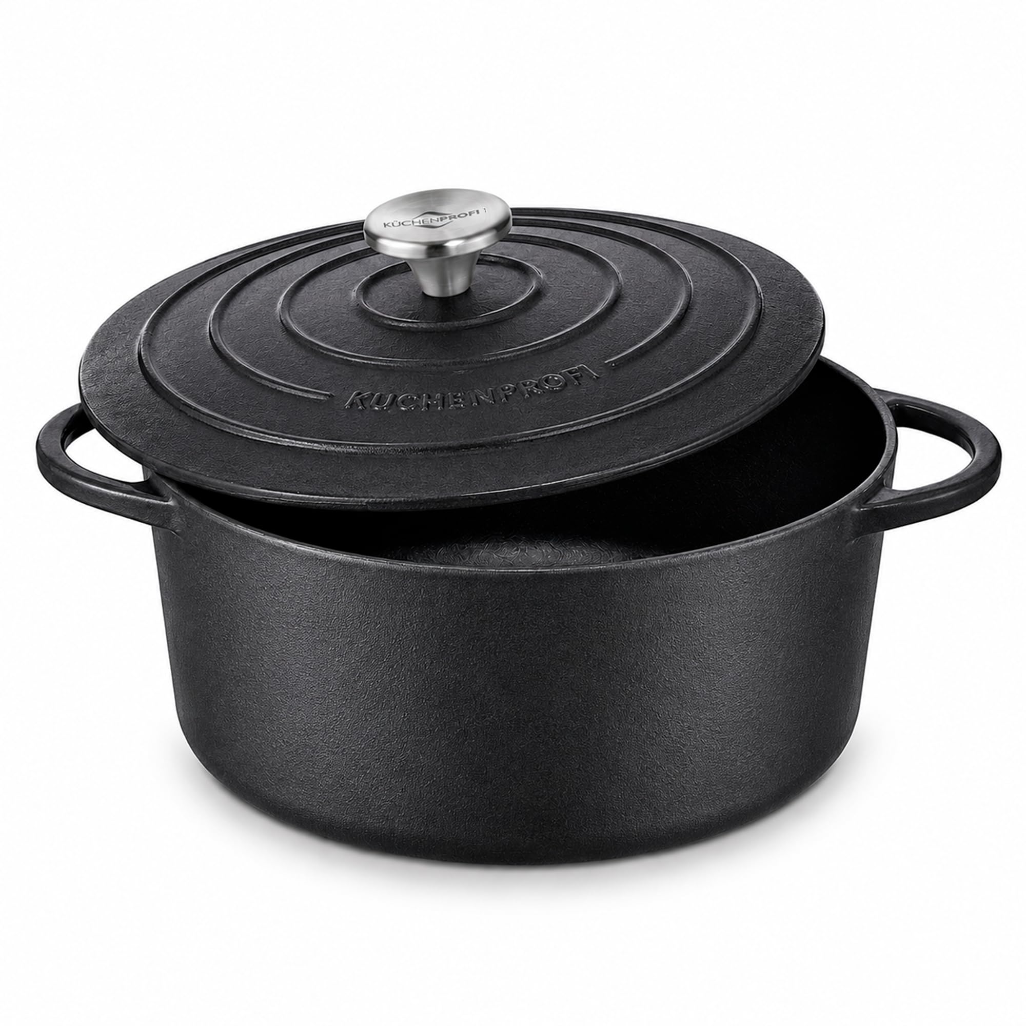 Küchenprofi Bratentopf PROVENCE rund emailliertes Gusseisen mit Deckel schwarz, für alle Herdarten und Induktion, energiesparend, aromaschonend - Fassungsvermögen: 5,3l, Durchmesser: 26 cm, 401001026